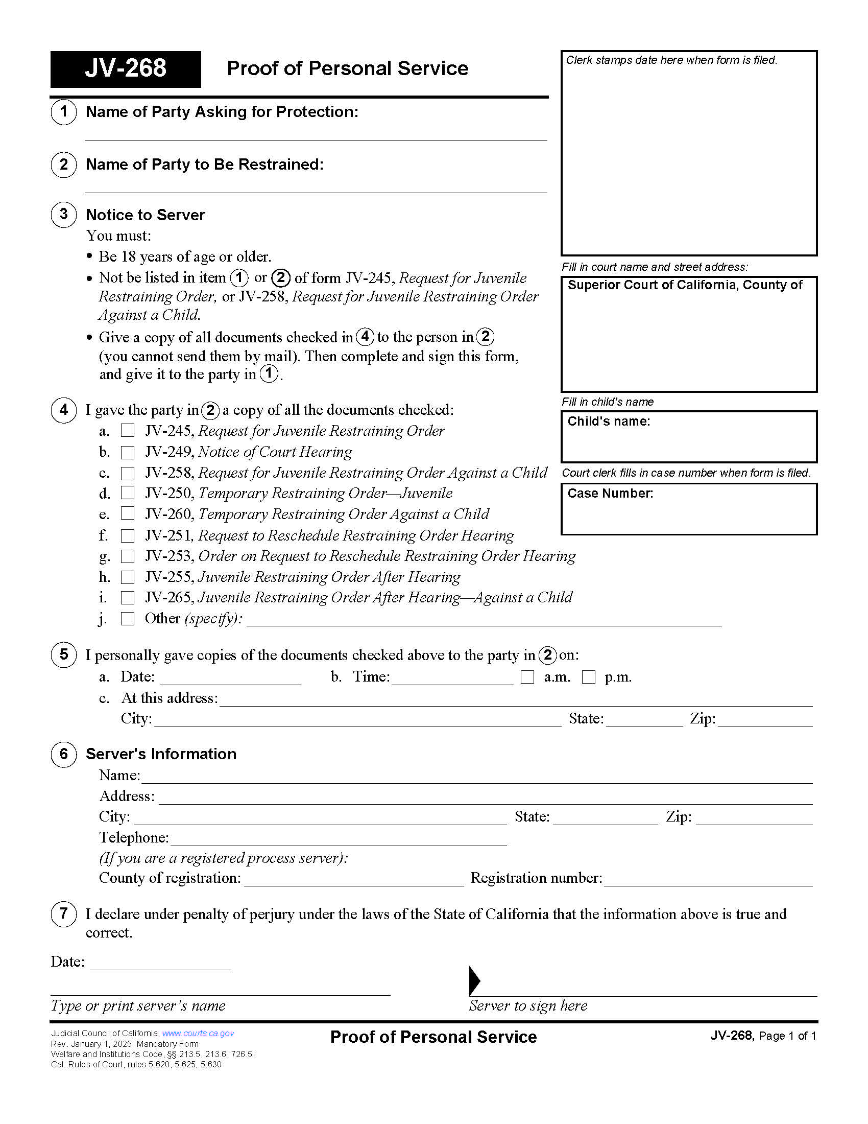 Proof Of Personal Service {JV-268} | Pdf Fpdf Docx | California