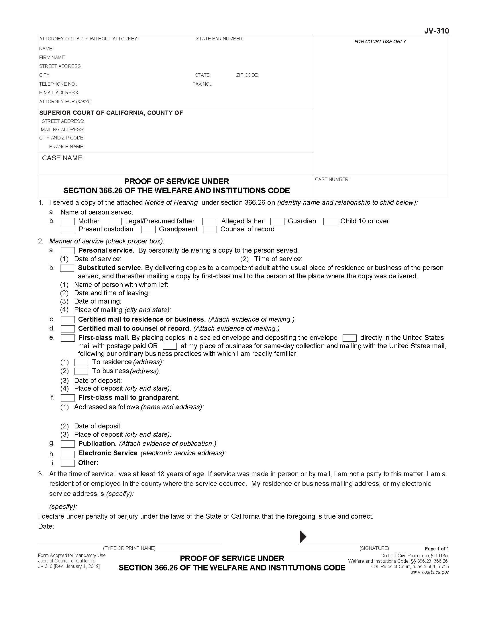 Proof Of Service Under Section 366.26 Of The Welfare And Institutions Code {JV-310} | Pdf Fpdf Docx | California
