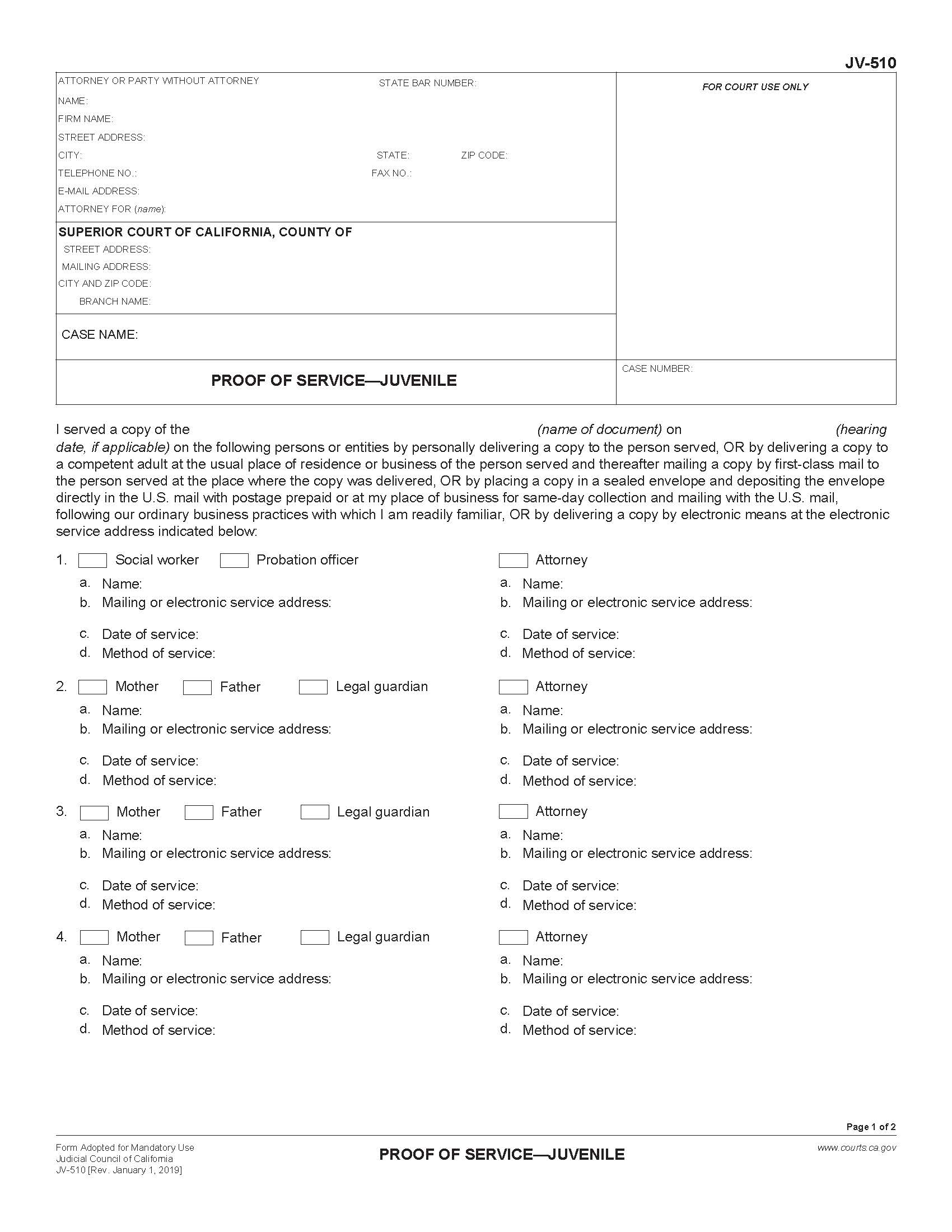 Proof Of Service-Juvenile {JV-510} | Pdf Fpdf Docx | California