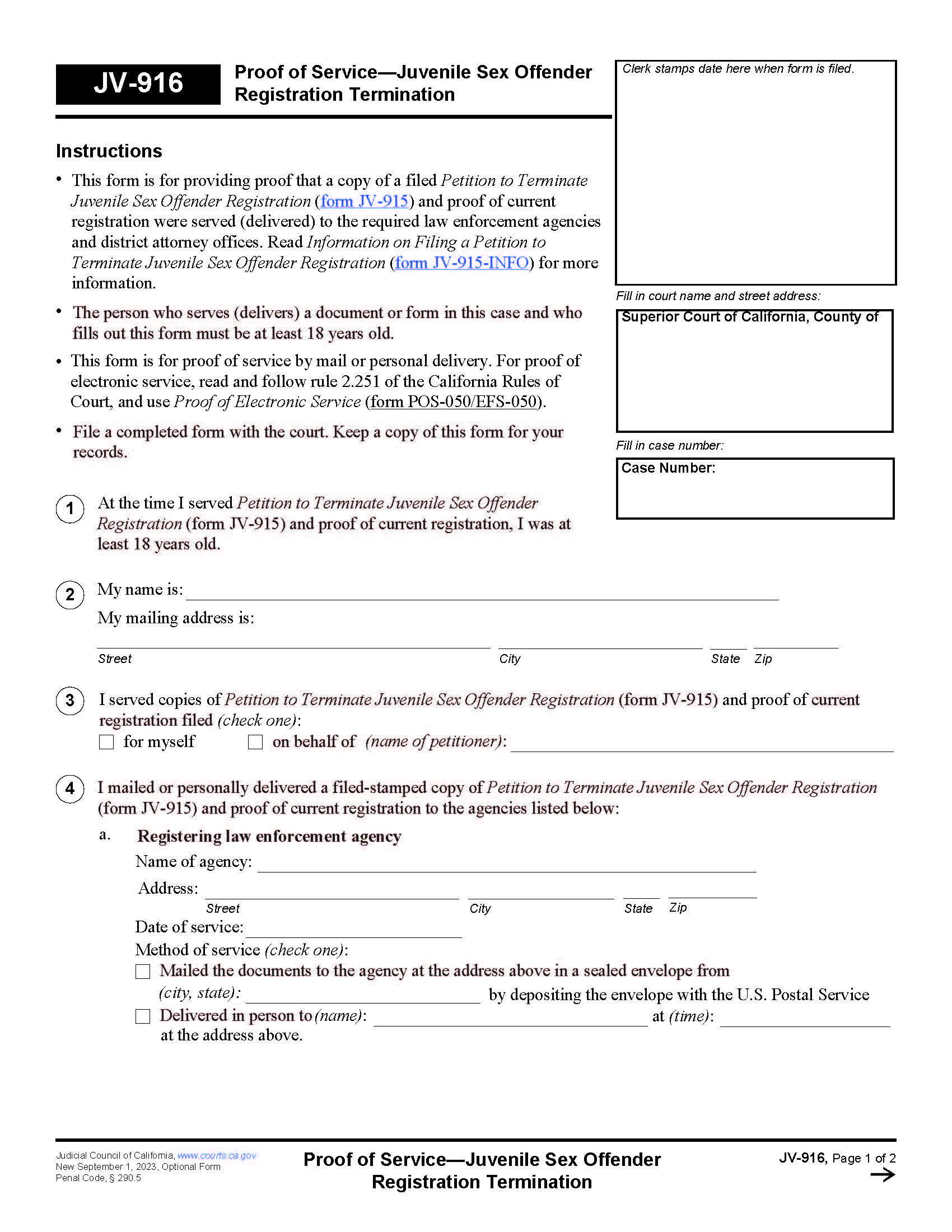 Proof Of Service-Juvenile Sex Offender Registration Termination {JV-916} | Pdf Fpdf Docx | California