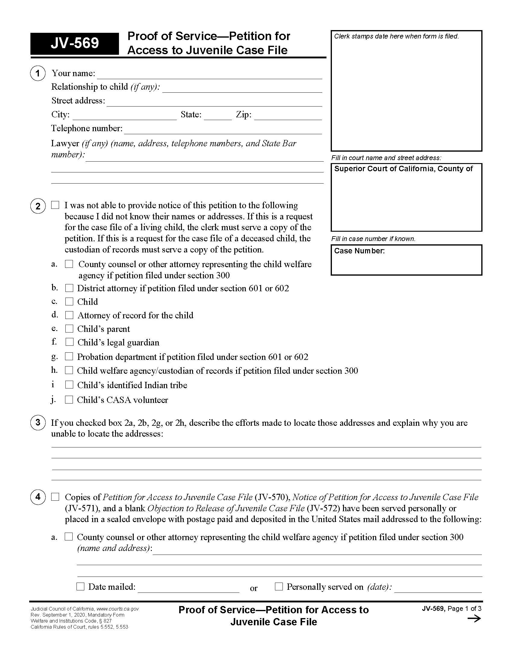 Proof Of Service-Petition For Access To Juvenile Case File {JV-569} | Pdf Fpdf Doc Docx | California