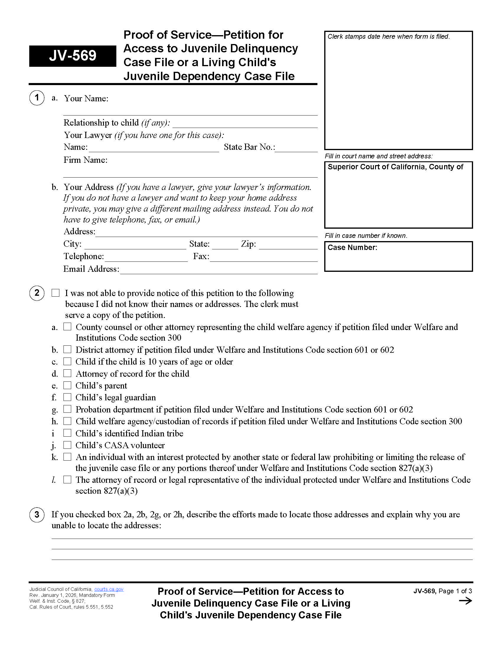 Proof Of Service-Petition For Access To Juvenile Case File {JV-569} | Pdf Fpdf Doc Docx | California
