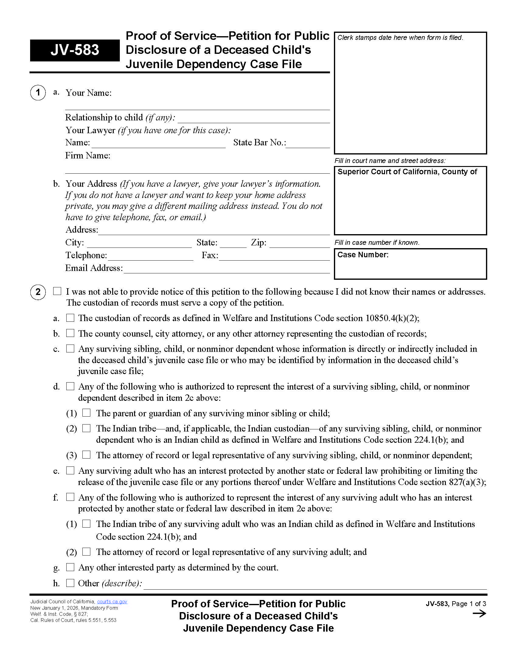 Proof Of Service-Petition For Public Disclosure Of Deceased Childs-File {JV-583} | Pdf Fpdf Docx | California