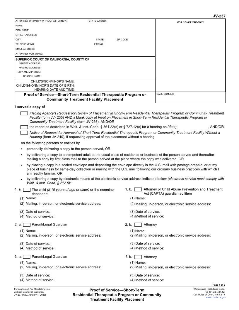 Proof Of Service-Short-Term Residential Therapeutic Program {JV-237} | Pdf Fpdf Docx | California