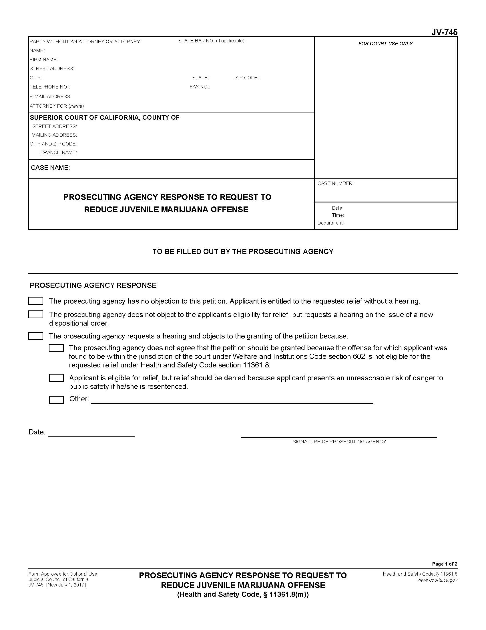 Prosecuting Agency Response To Request To Reduce Juvenile Marijuana Offense {JV-745} | Pdf Fpdf Doc Docx | California