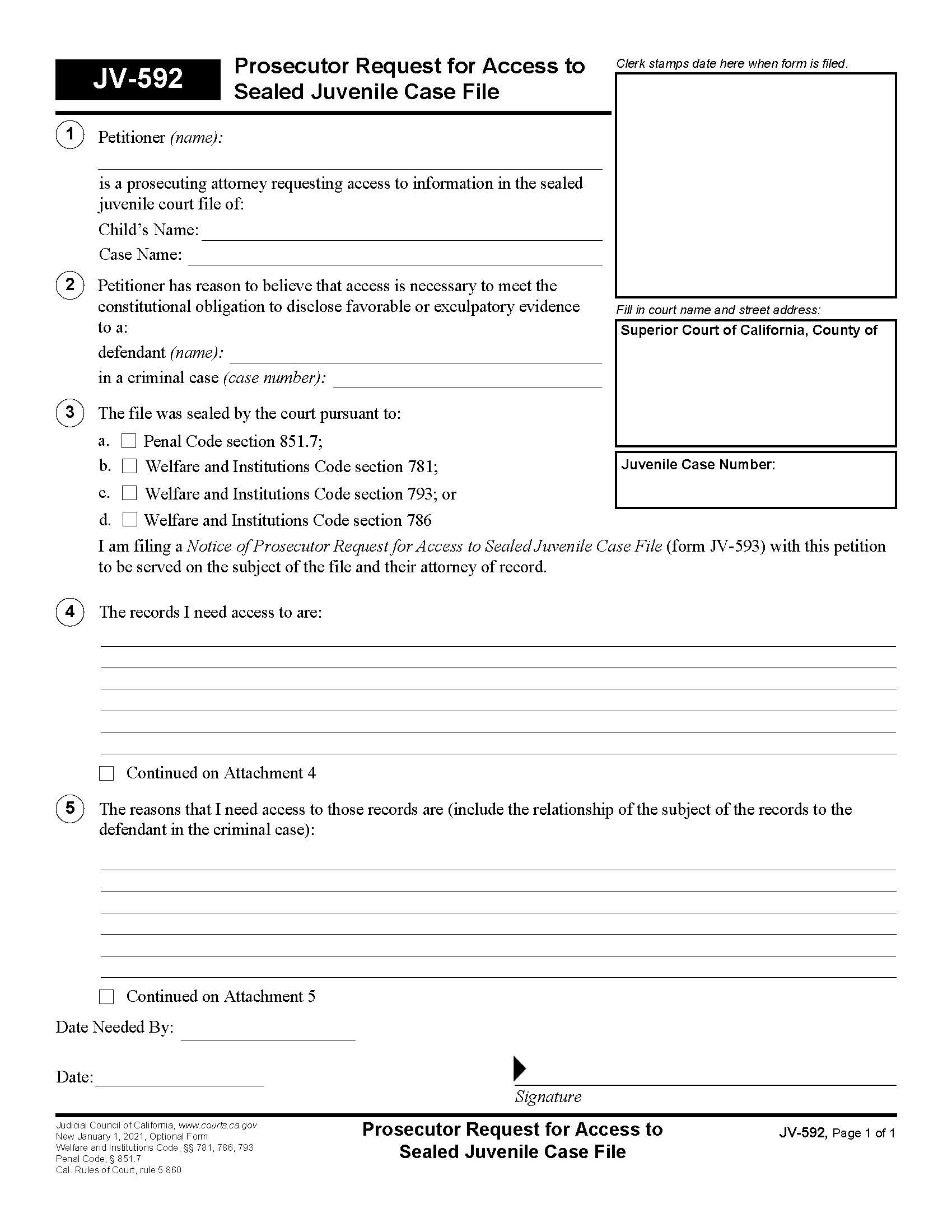 Prosecutor Request For Access To Sealed Juvenile Case File {JV-592} | Pdf Fpdf Docx | California