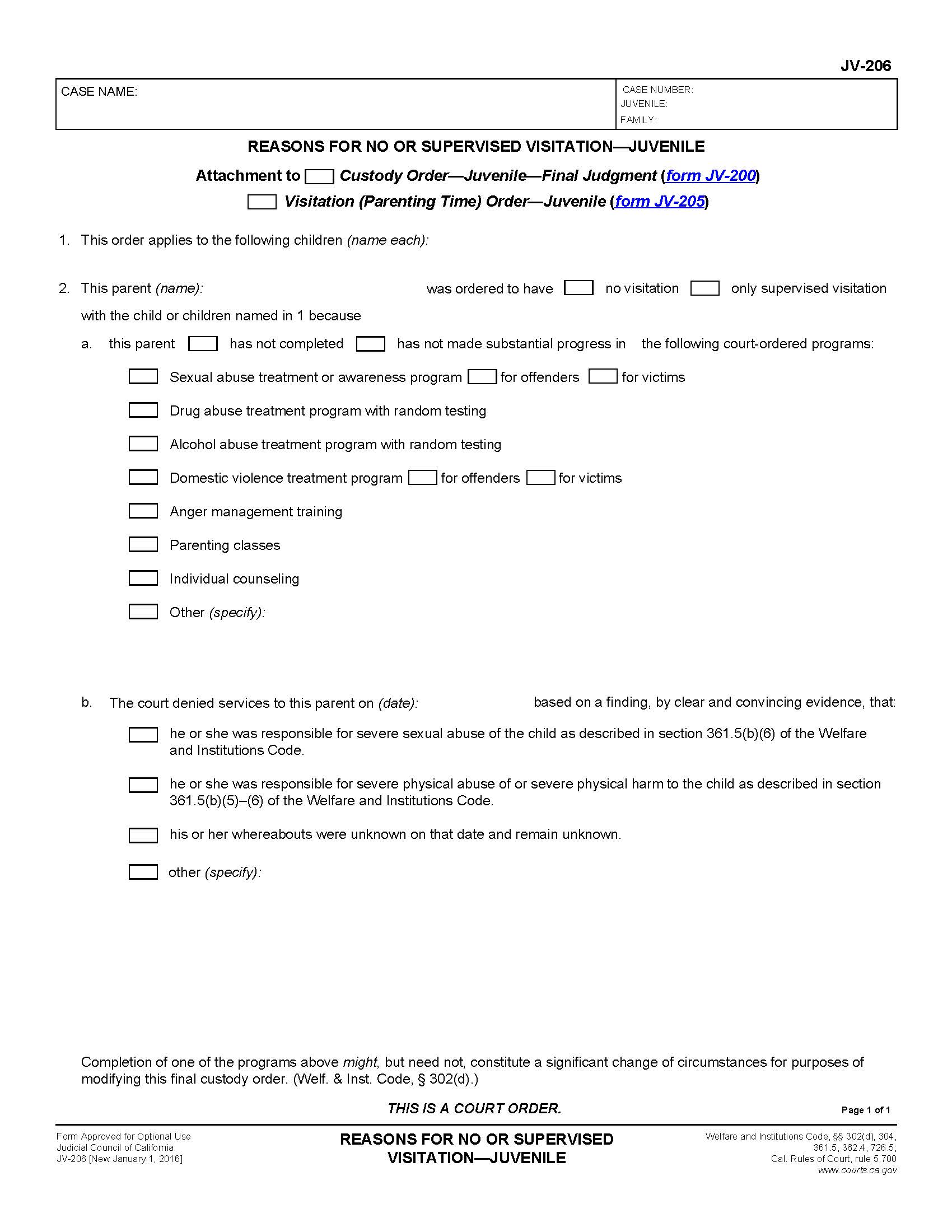 Reasons For No Or Supervised Visitation-Juvenile {JV-206} | Pdf Fpdf Doc Docx | California