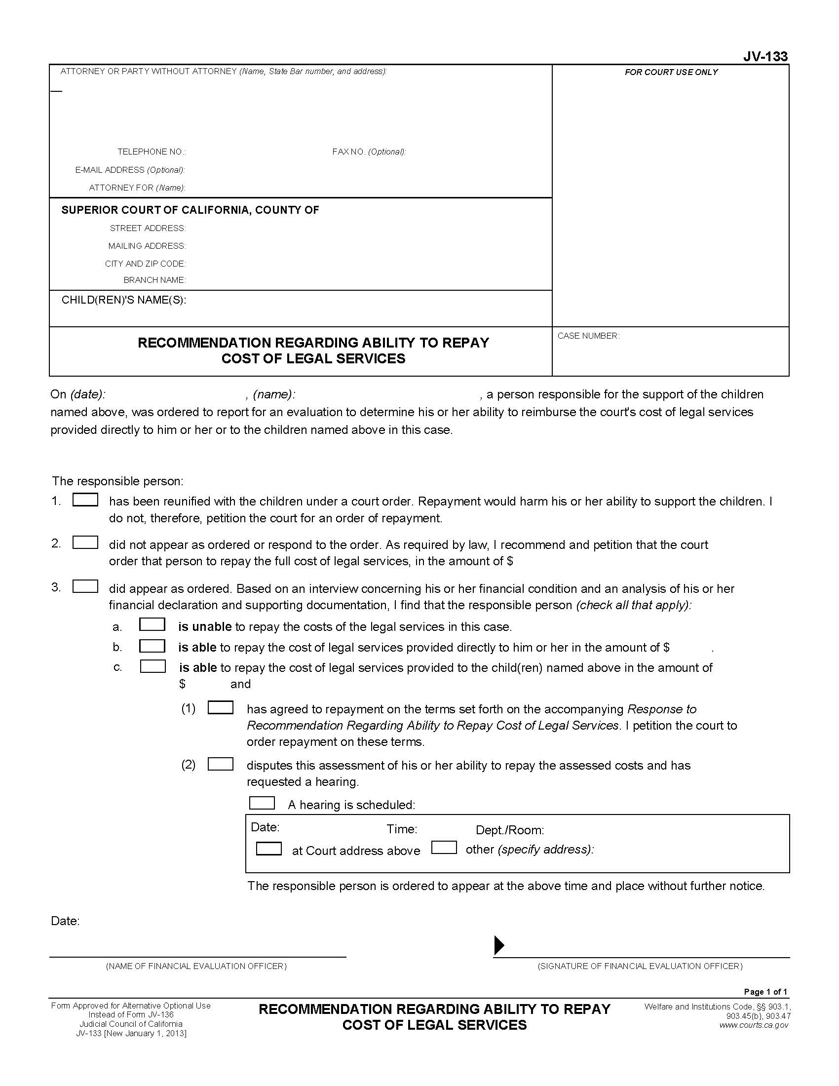 Recommendation Regarding Ability To Repay Cost Of Legal Services {JV-133} | Pdf Fpdf Doc Docx | California