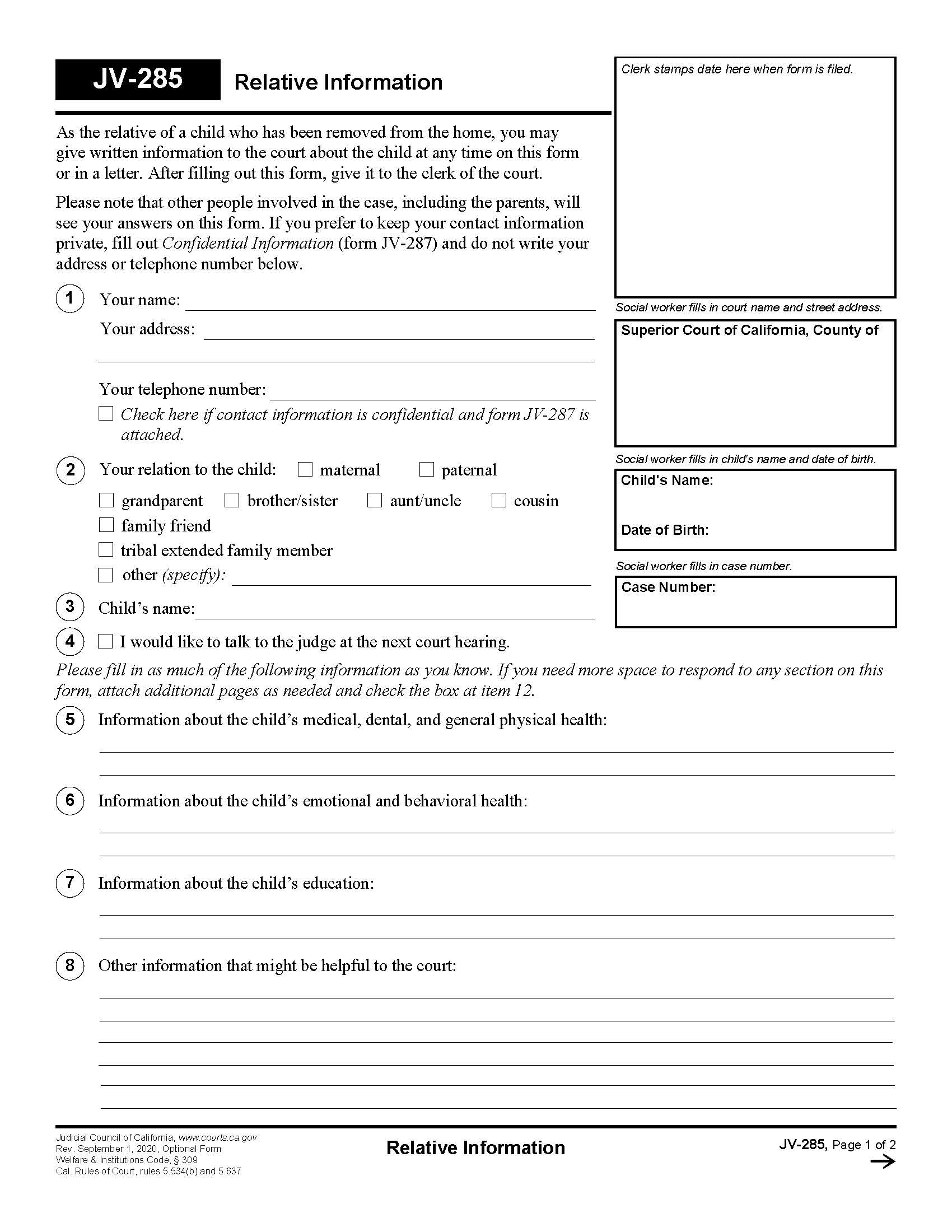 Relative Information {JV-285} | Pdf Fpdf Doc Docx | California