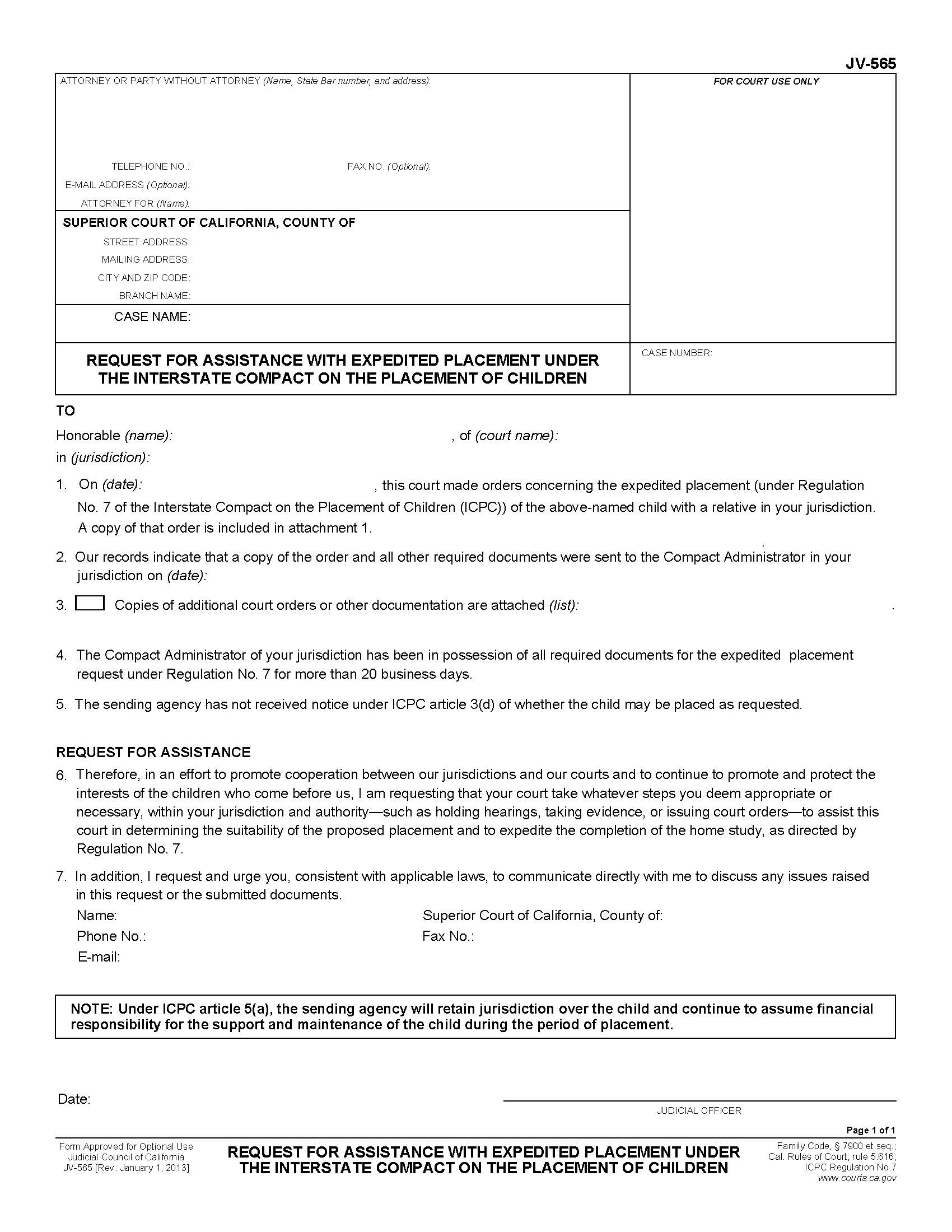 Request For Assistance With Expedited Placement Under The Interstate Compact {JV-565} | Pdf Fpdf Doc Docx | California