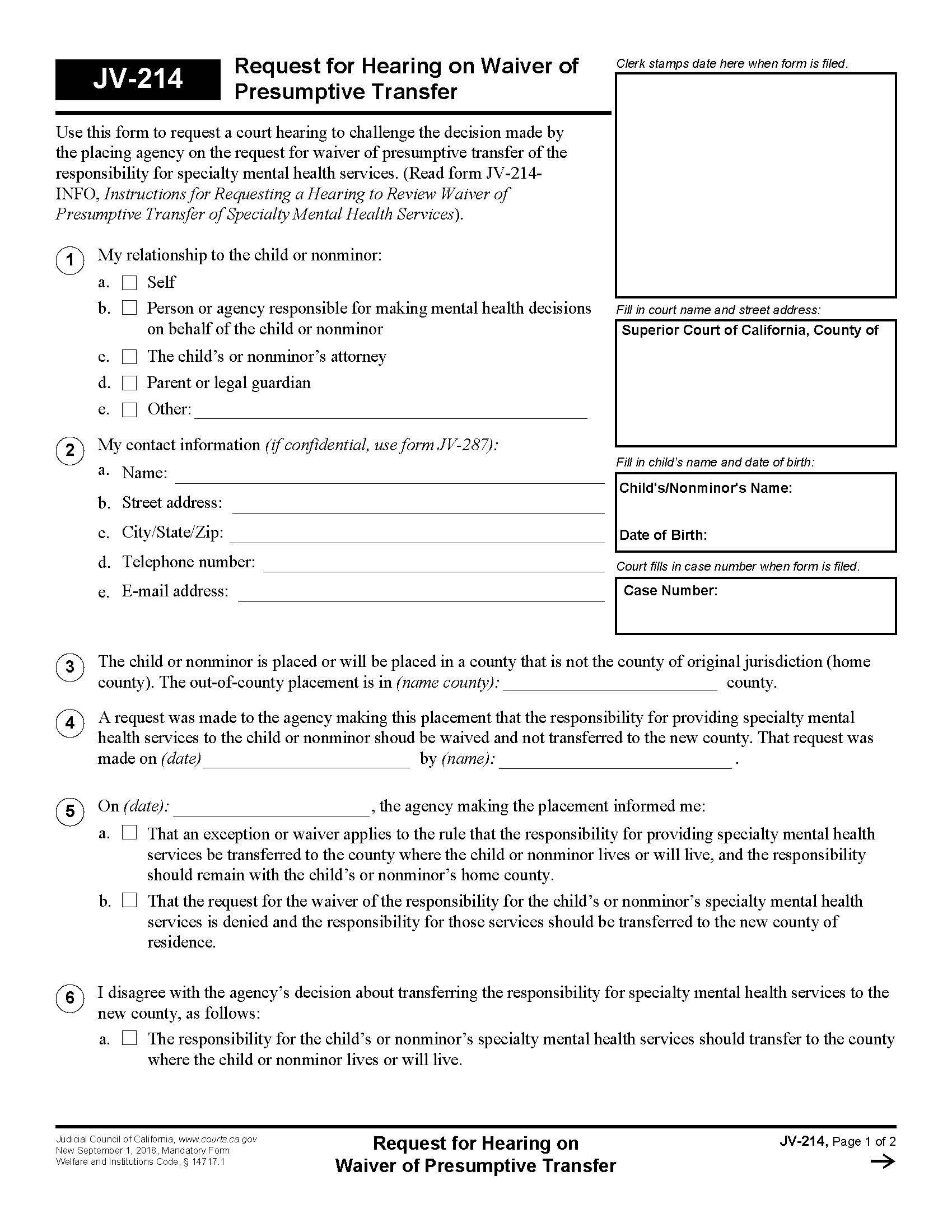 Request For Hearing On Waiver Of Presumptive Transfer {JV-214} | Pdf Fpdf Docx | California