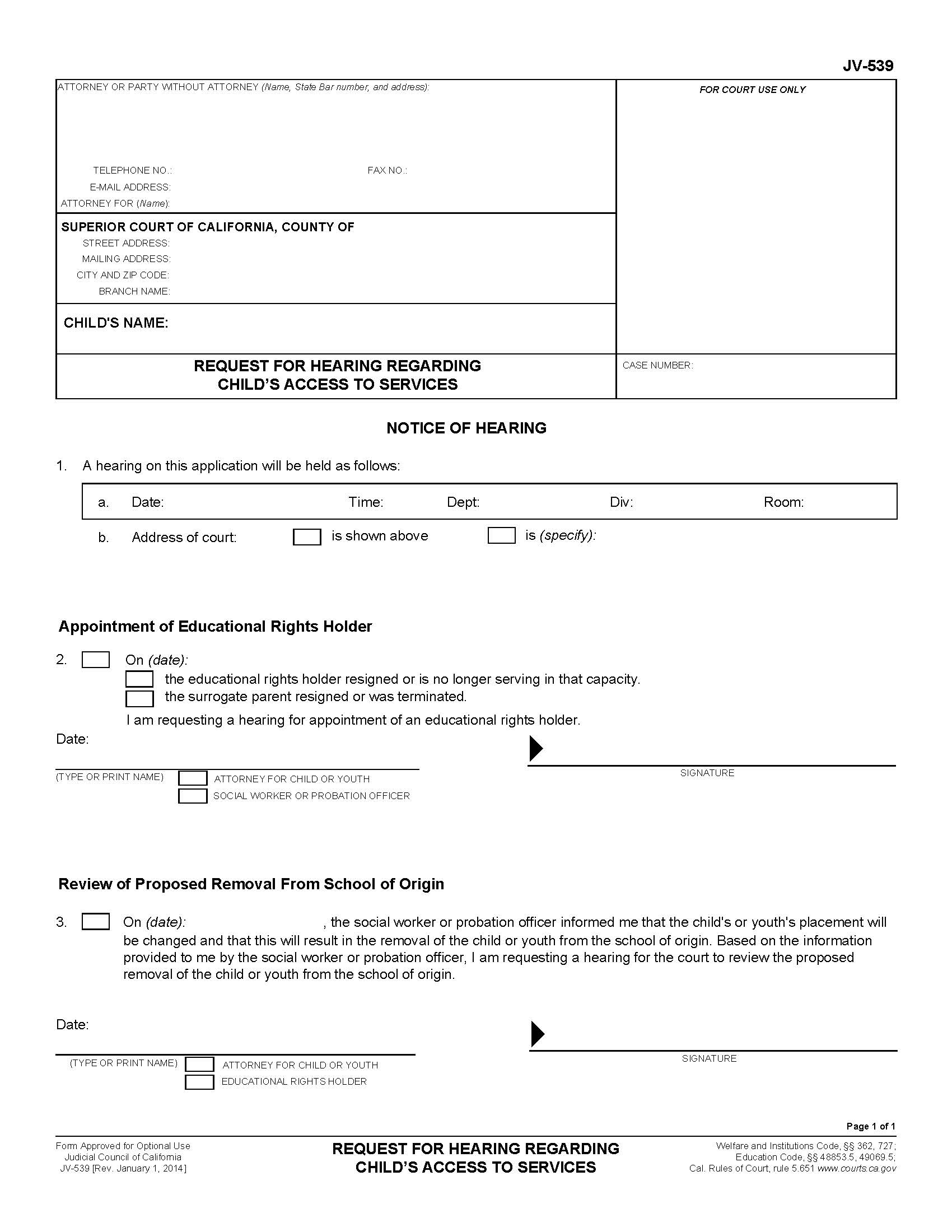 Request For Hearing Regarding Childs Access To Services {JV-539} | Pdf Fpdf Doc Docx | California