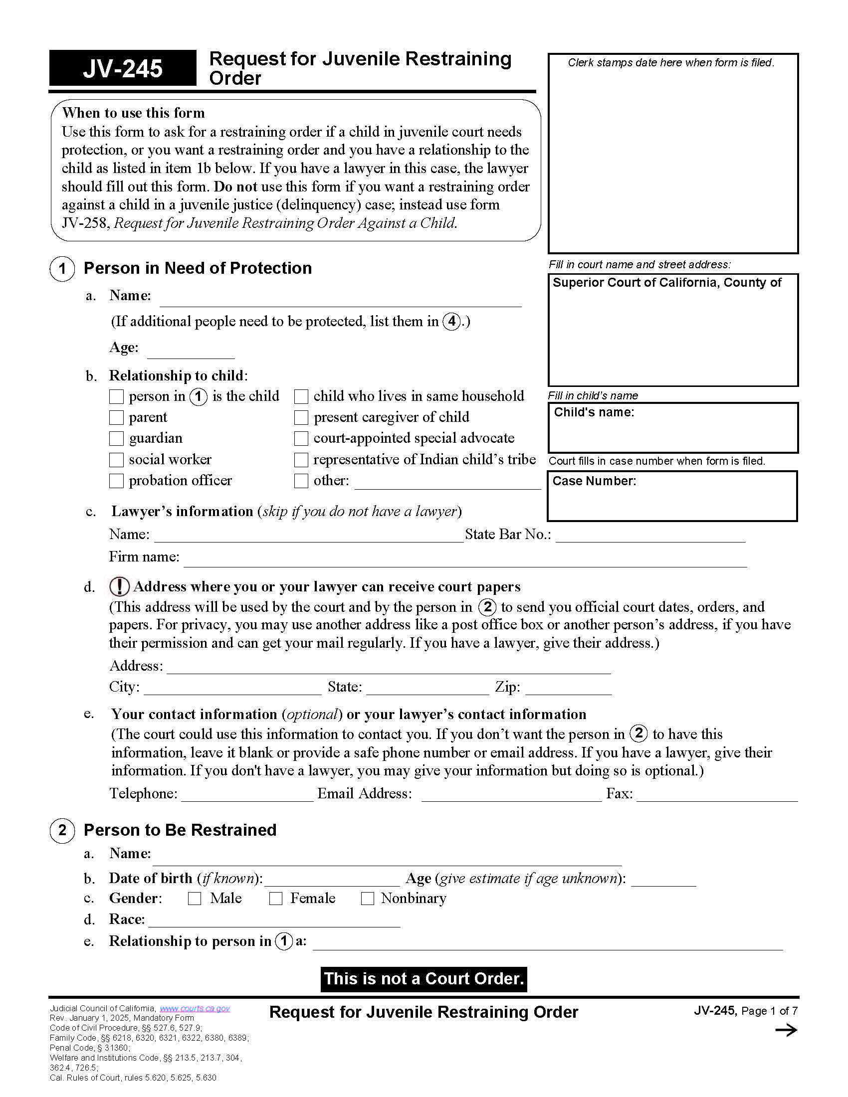Request For Juvenile Restraining Order {JV-245} | Pdf Fpdf Doc Docx | California