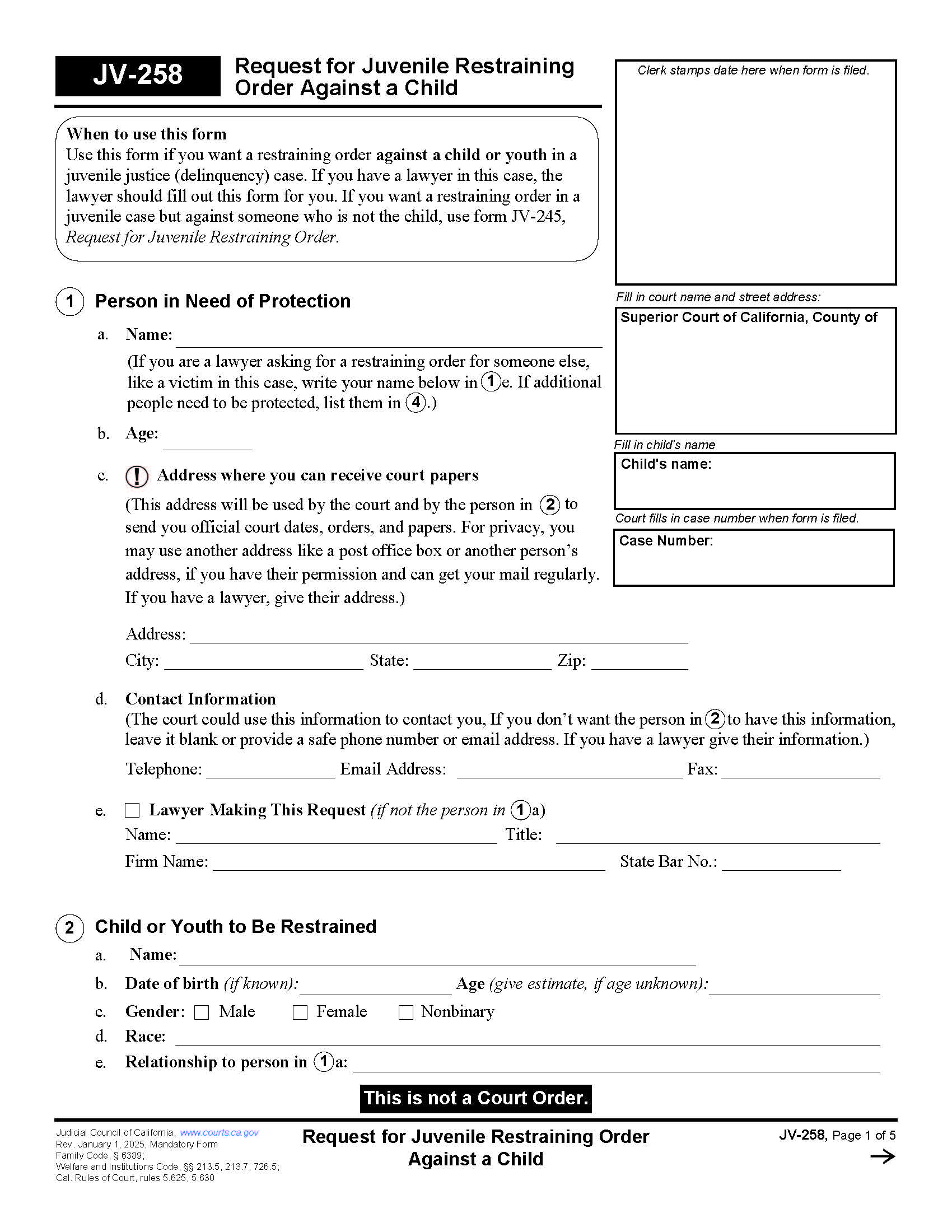 Request For Juvenile Restraining Order Against A Child {JV-258} | Pdf Fpdf Docx | California