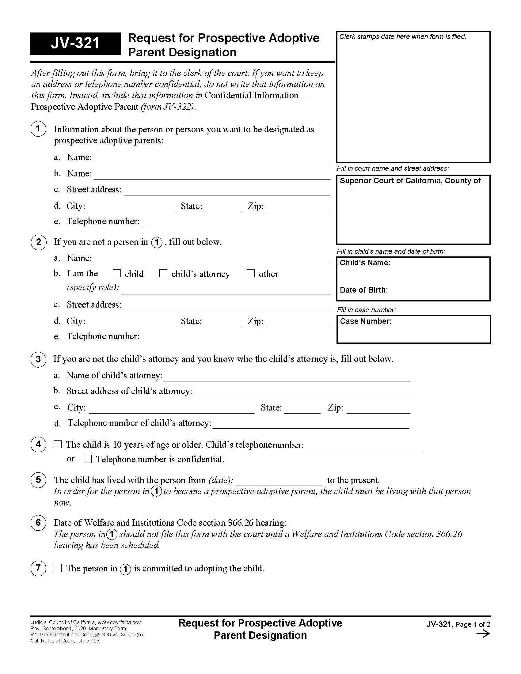 Request For Prospective Adoptive Parent Designation {JV-321} | Pdf Fpdf Doc Docx | California