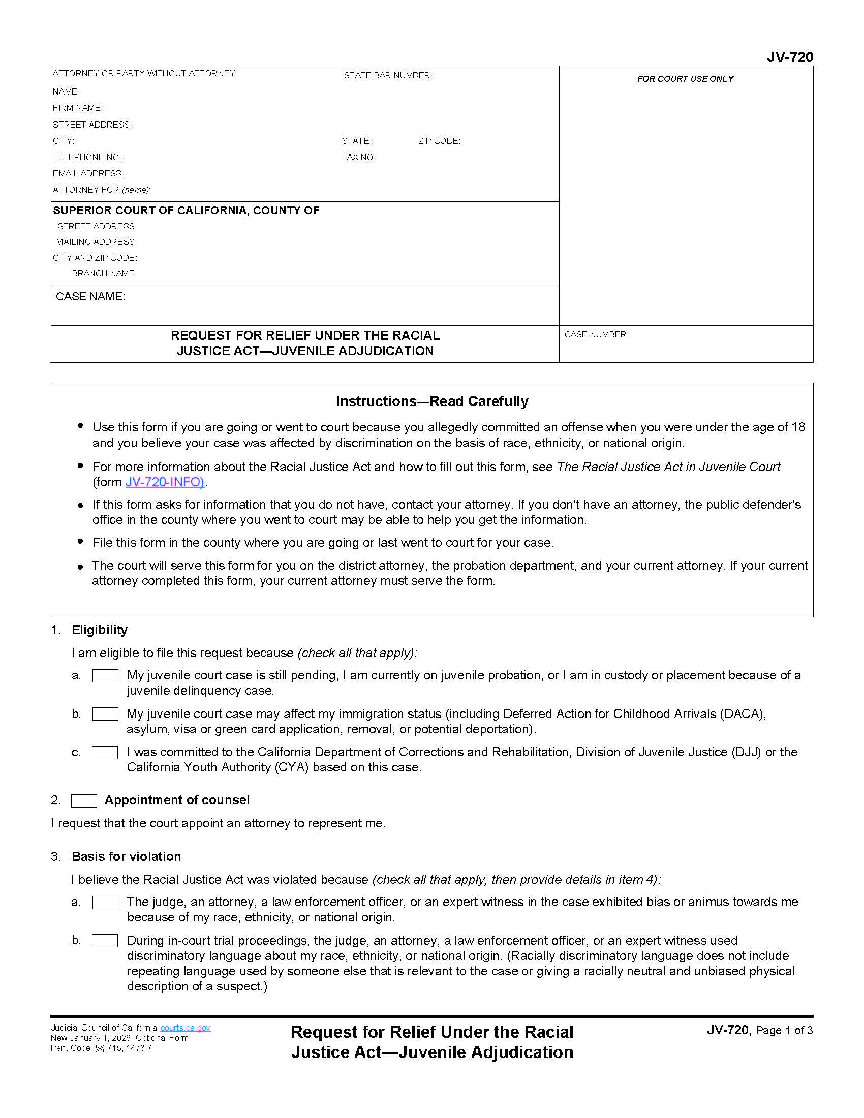 Request For Relief Under The Racial Justice Act-Juvenile Adjudication {JV-720} | Pdf Fpdf Docx | California