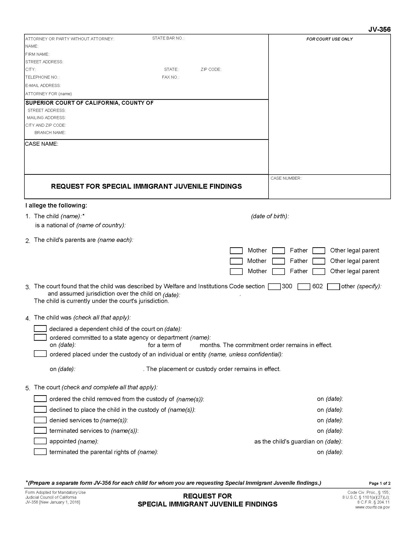 Request For Special Immigrant Juvenile Findings {JV-356} | Pdf Fpdf Doc Docx | California