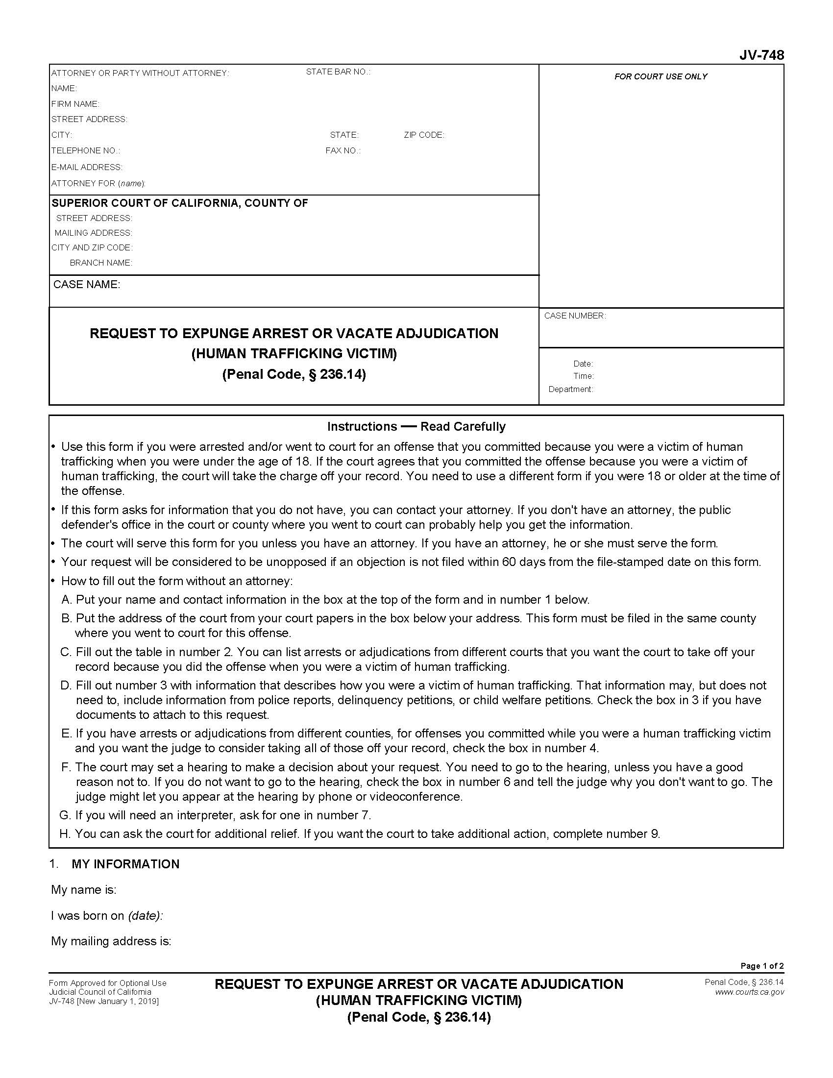 Request To Expunge Arrest Or Vacate Adjudication (Human Trafficking Victim) {JV-748} | Pdf Fpdf Docx | California