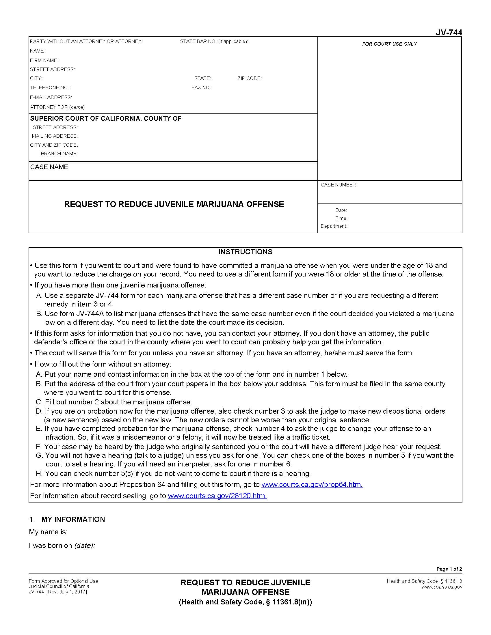Request To Reduce Juvenile Marijuana Offense {JV-744} | Pdf Fpdf Doc Docx | California