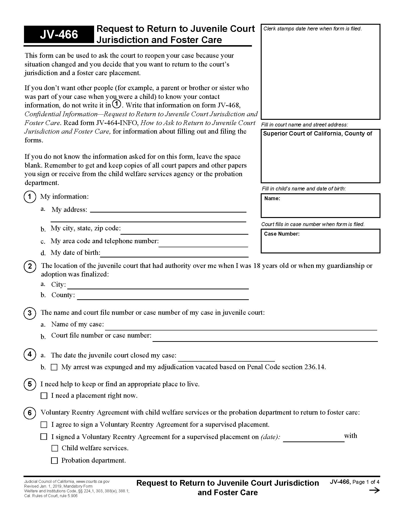Request To Return To Juvenile Court Jurisdiction And Foster Care {JV-466} | Pdf Fpdf Docx | California