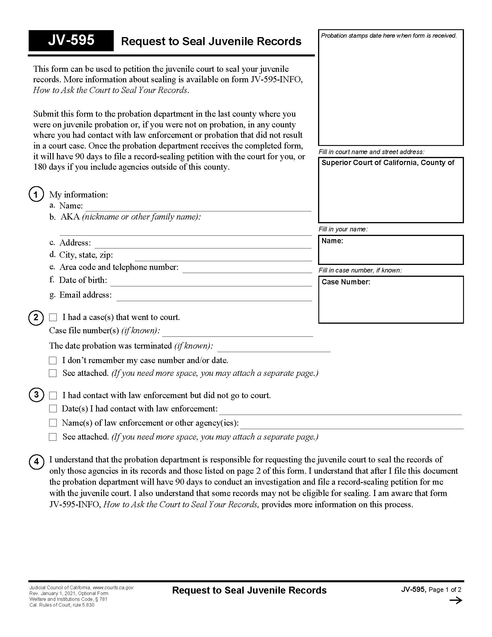 Request To Seal Juvenile Records {JV-595} | Pdf Fpdf Doc Docx | California