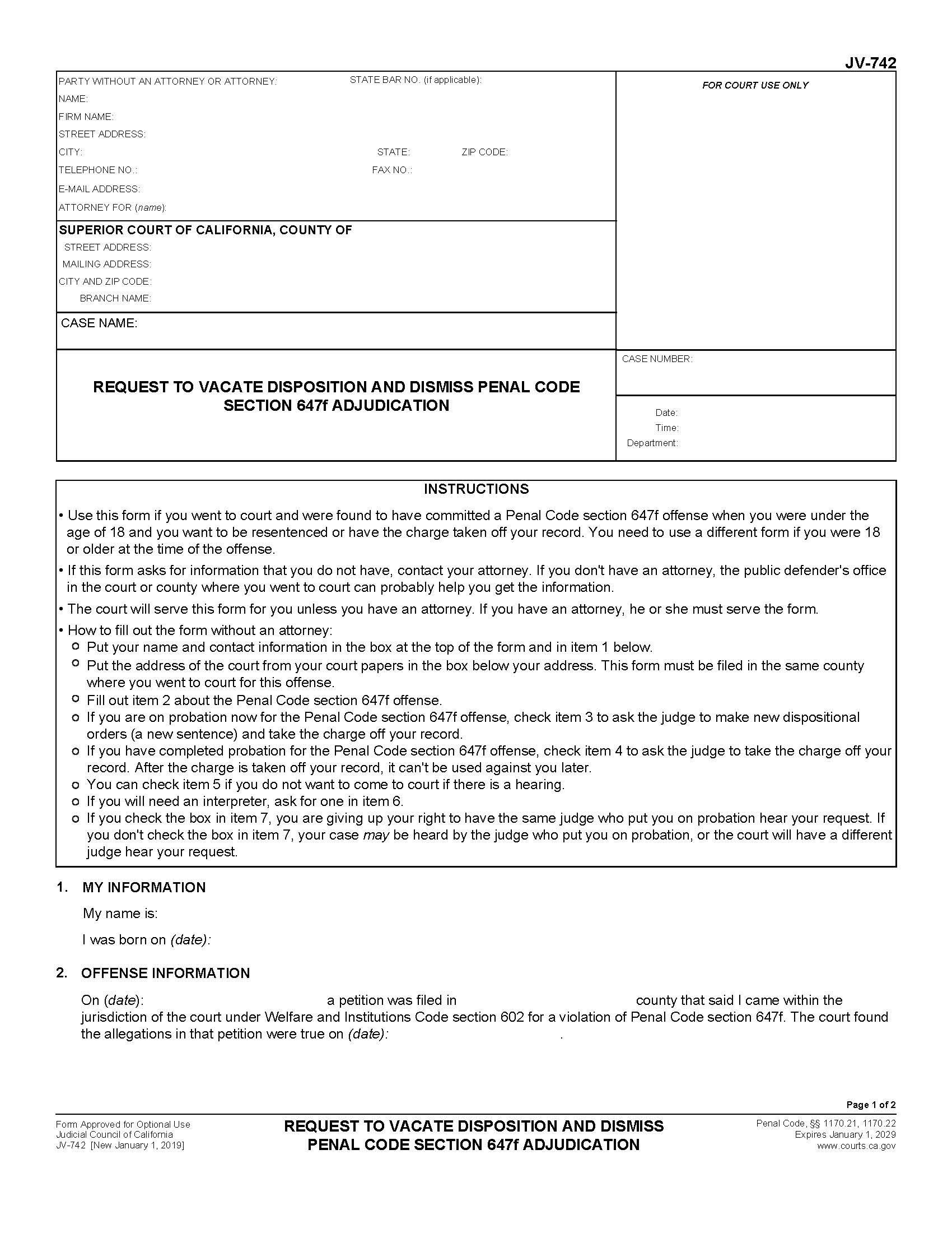 Request To Vacate Disposition And Dismiss Penal Code Section 6471 {JV-742} | Pdf Fpdf Docx | California