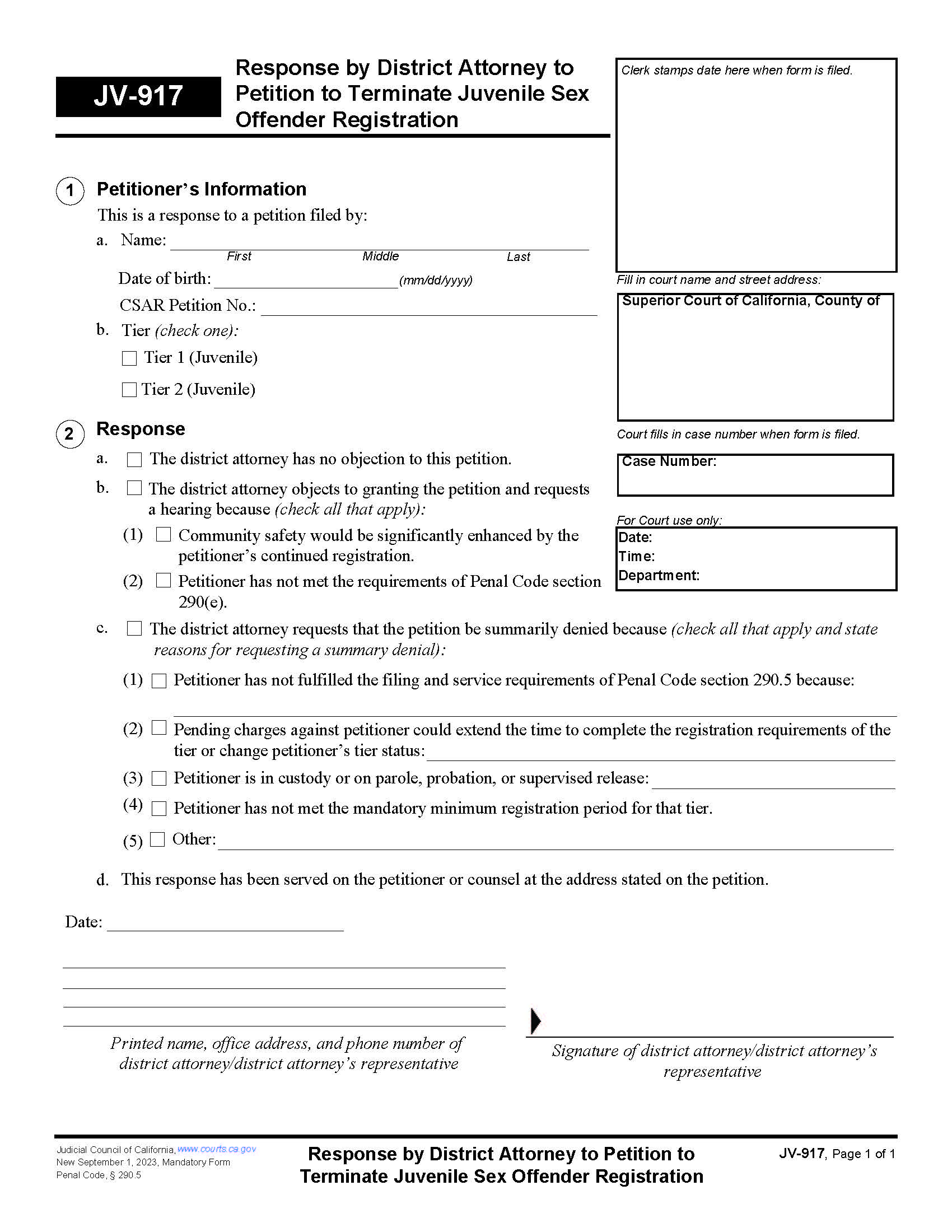 Response By District Attorney To Petition To Terminate Juvenile Sex Offender Registration {JV-917} | Pdf Fpdf Docx | California