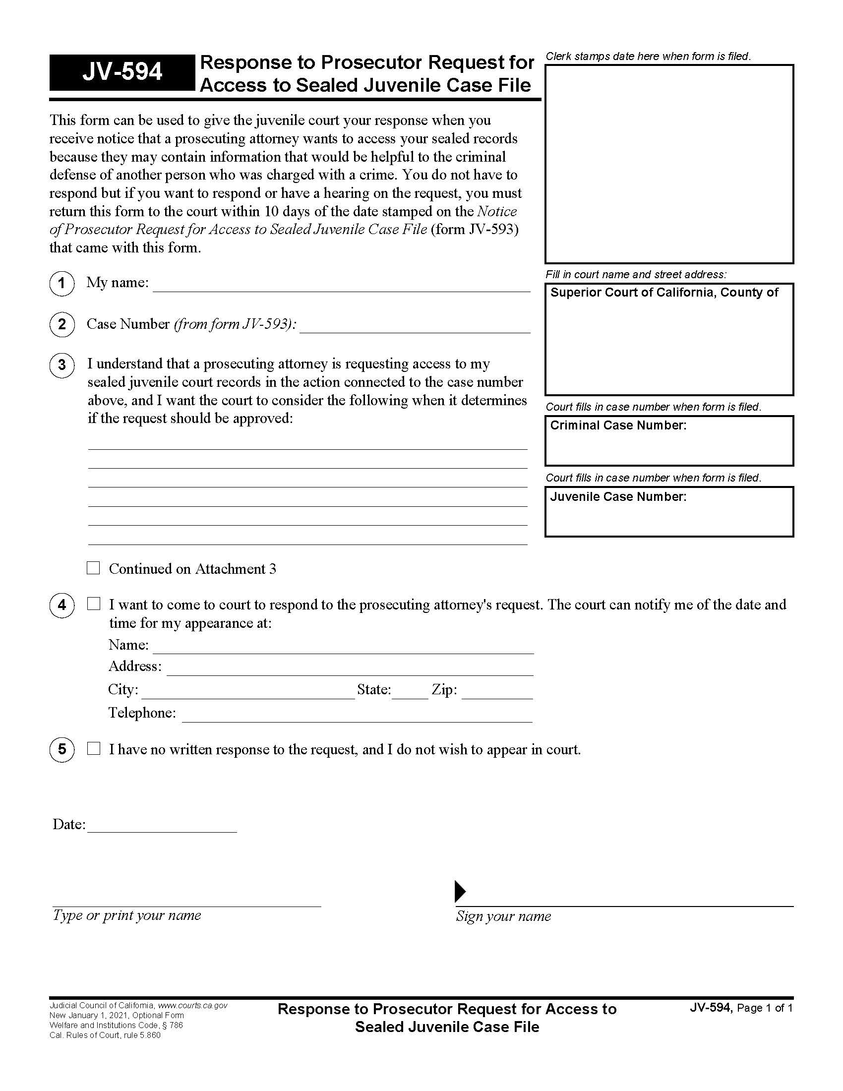 Response To Prosecutor Request For Access To Sealed Juvenile Case File {JV-594} | Pdf Fpdf Docx | California