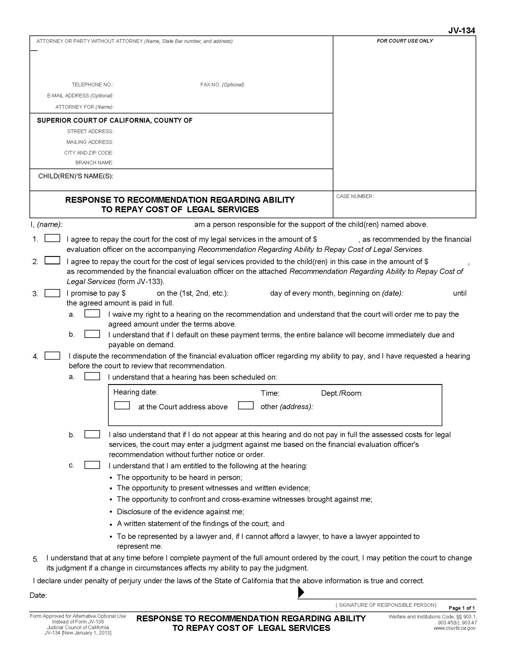 Response To Recommendation Regarding Ability To Repay Costs Of Legal Services {JV-134} | Pdf Fpdf Doc Docx | California