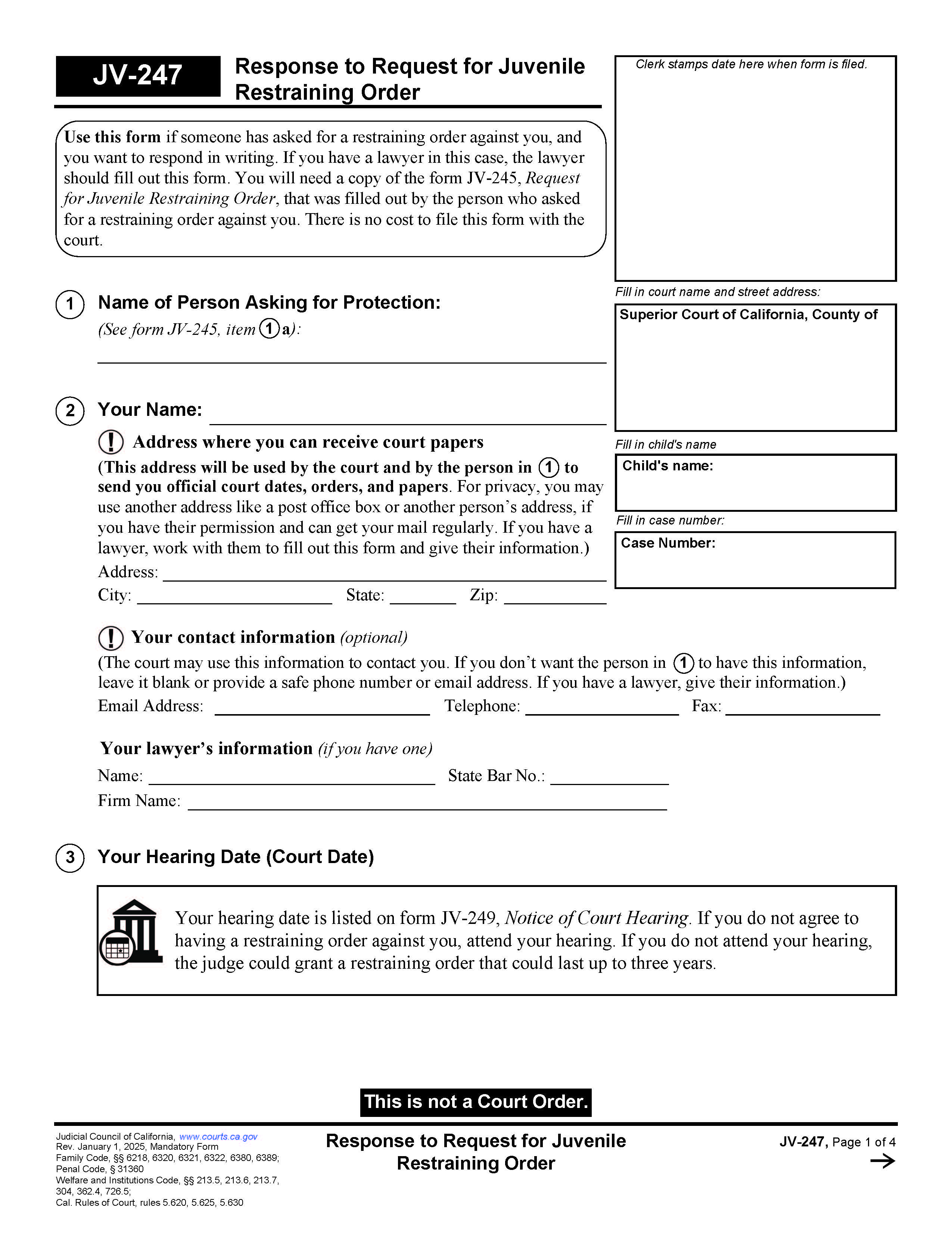 Response To Request For Juvenile Restraining Order {JV-247} | Pdf Fpdf Doc Docx | California
