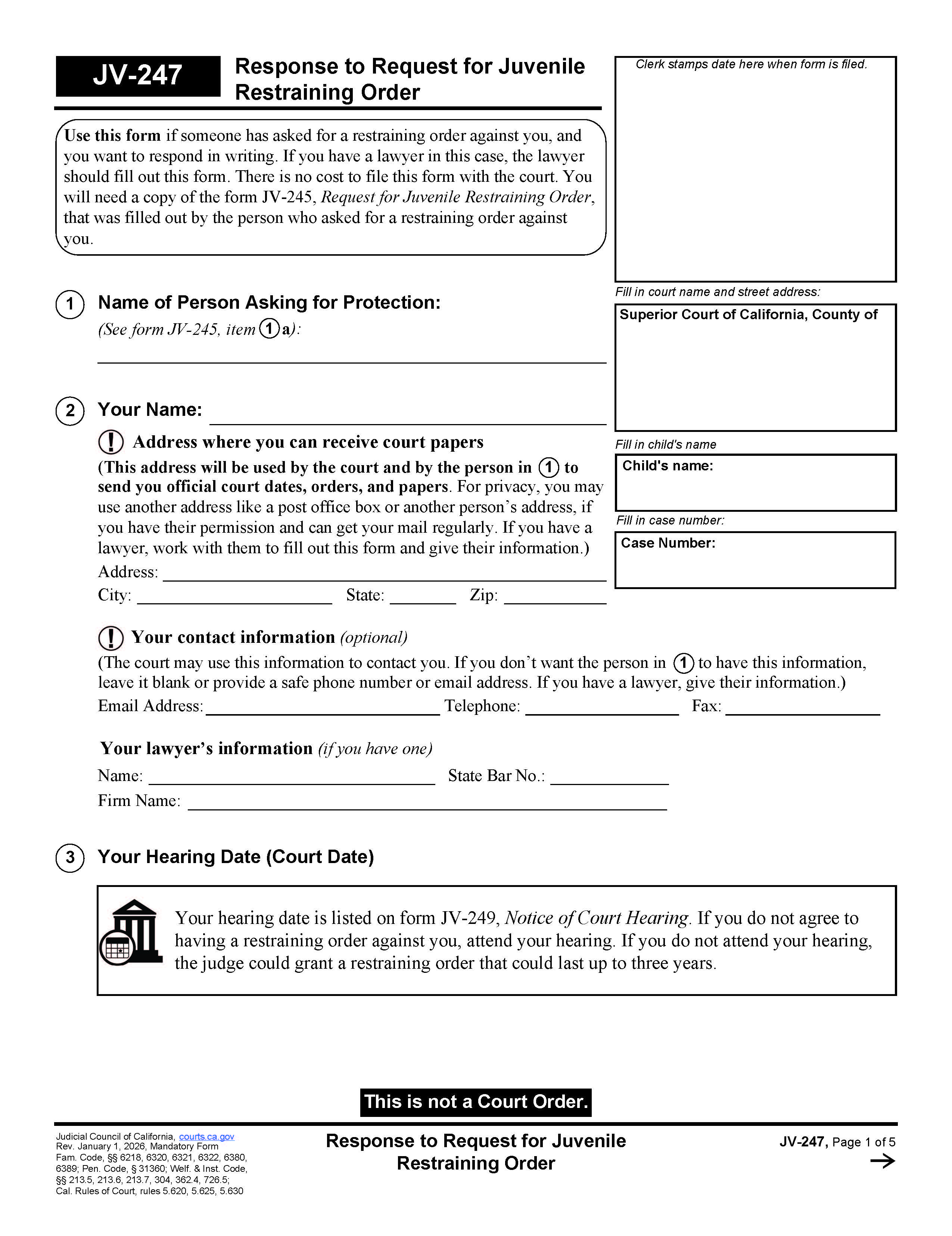 Response To Request For Juvenile Restraining Order {JV-247} | Pdf Fpdf Doc Docx | California