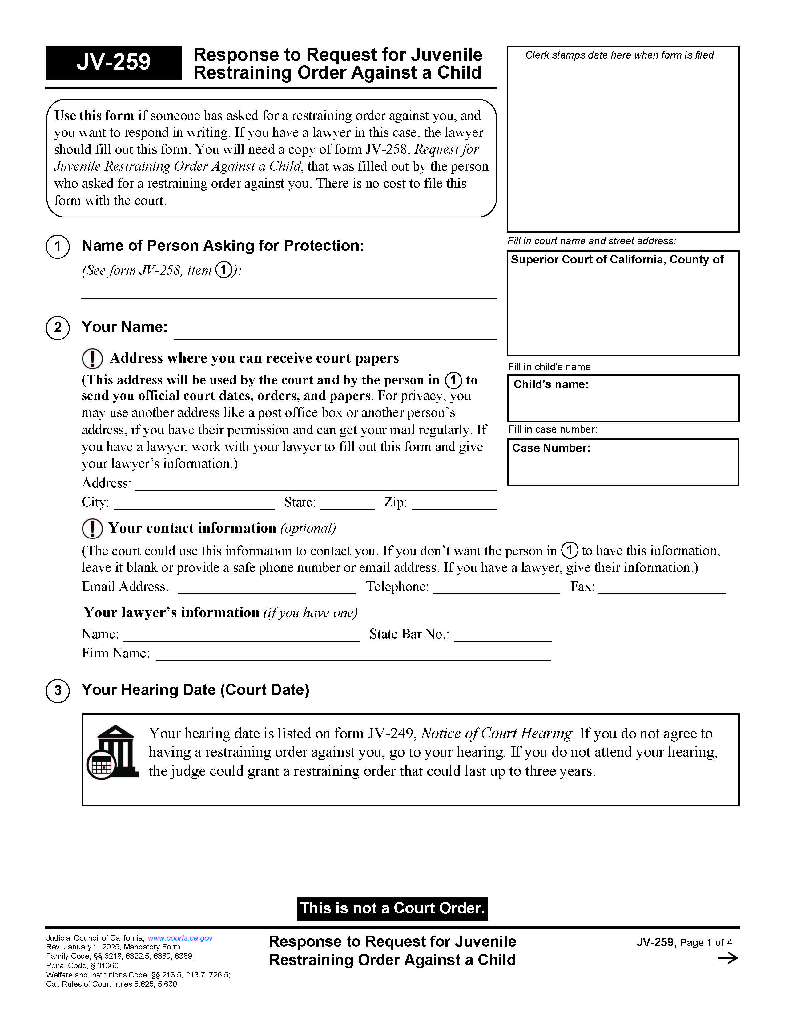 Response To Request For Juvenile Restraining Order Against A Child {JV-259} | Pdf Fpdf Docx | California