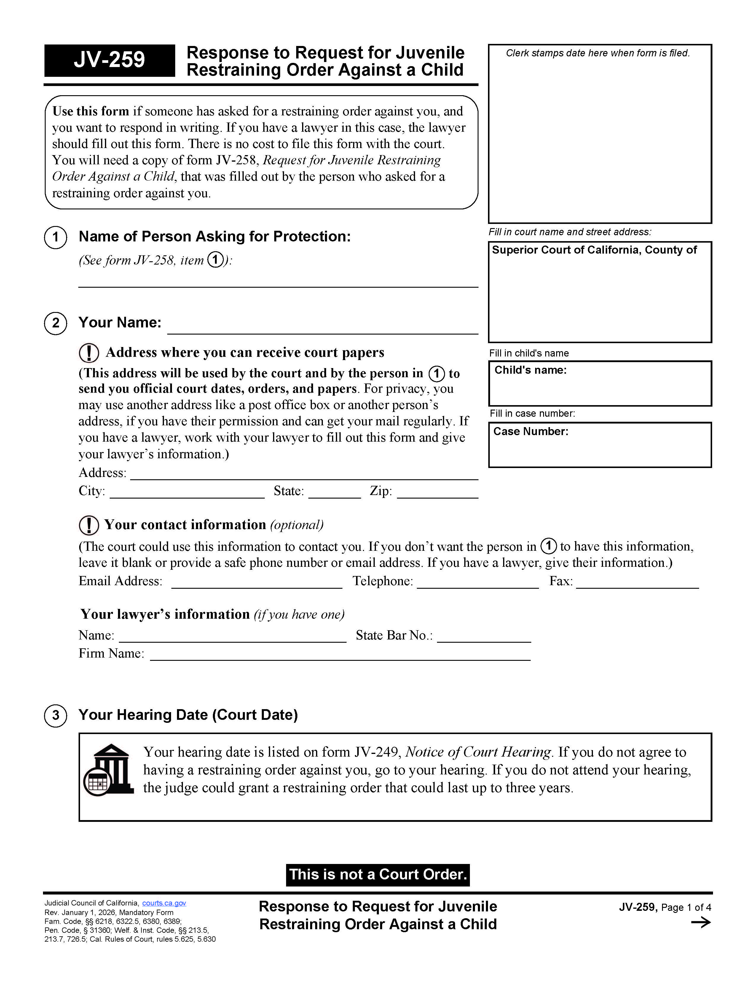 Response To Request For Juvenile Restraining Order Against A Child {JV-259} | Pdf Fpdf Docx | California