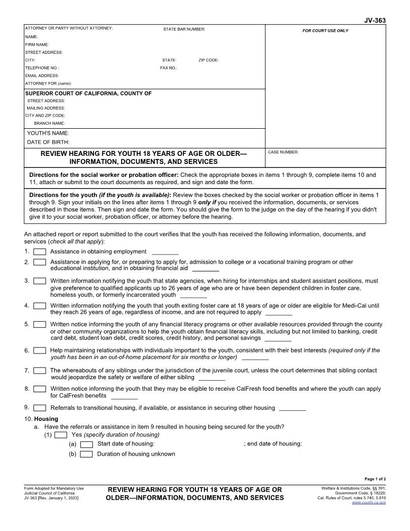 Review Hearing For Youth 18 Years Of Age Or Older {JV-363} | Pdf Fpdf Docx | California