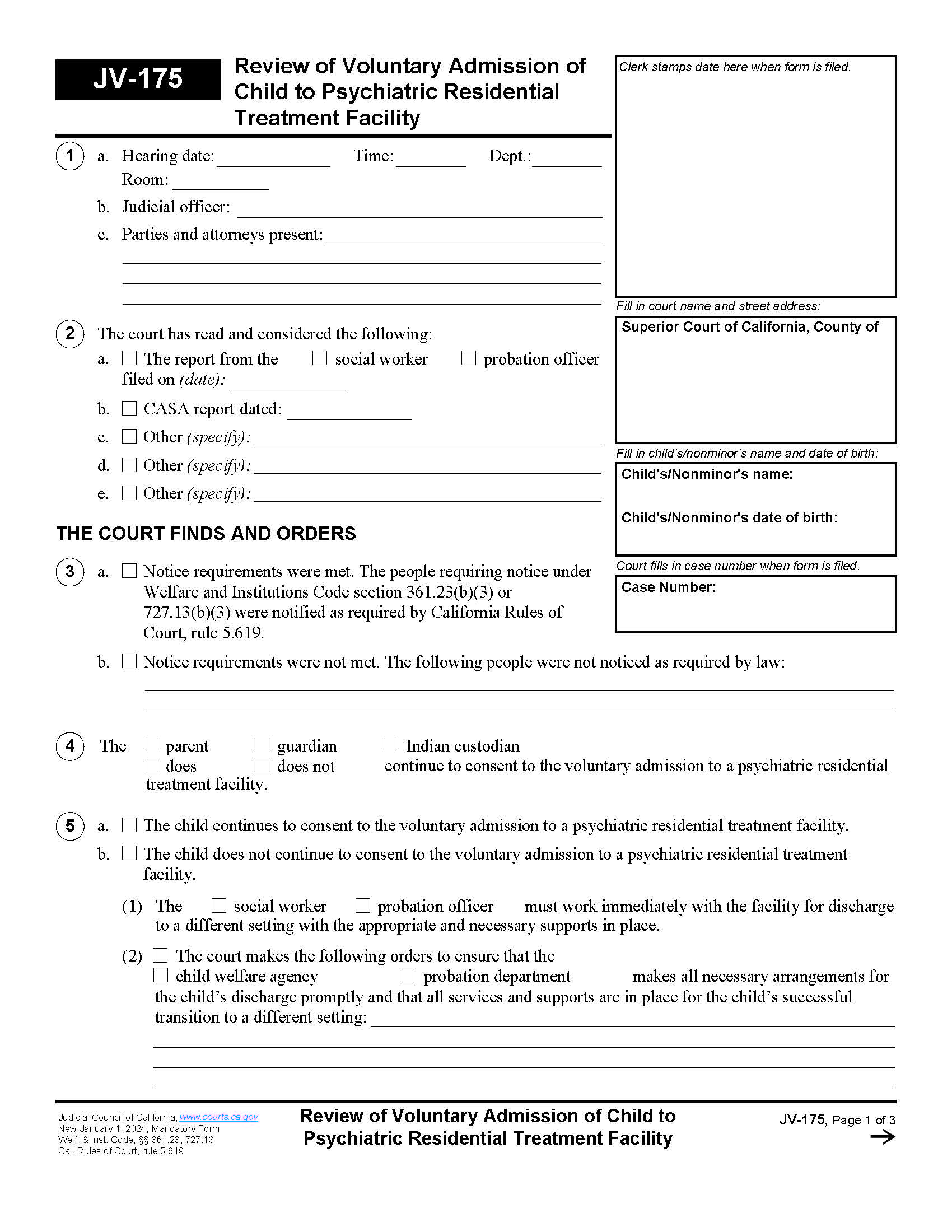 Review Of Voluntary Admission Of Child To Psychiatric Residential Treatment Facility {JV-175} | Pdf Fpdf Docx | California