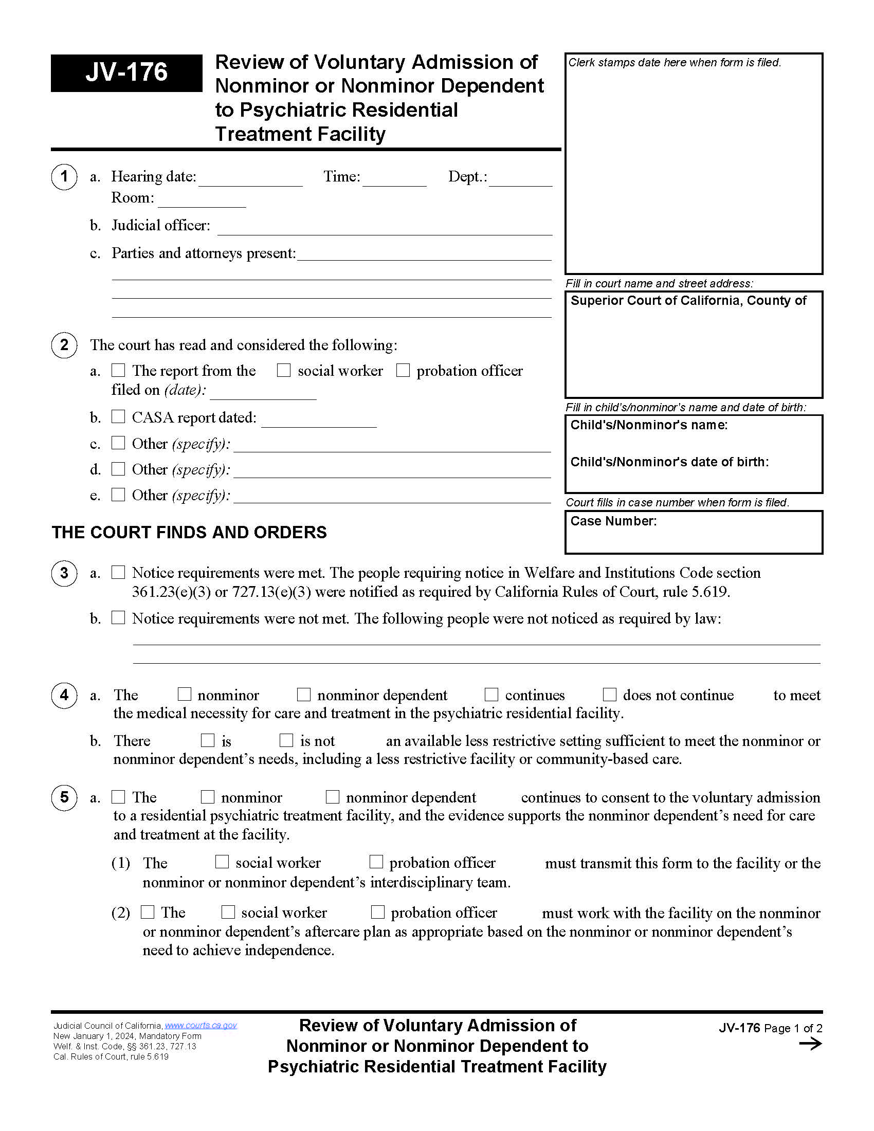 Review Of Voluntary Admission Of Nonminor Or Nonminor Dependent To Psychiatic Residential {JV-176} | Pdf Fpdf Docx | California