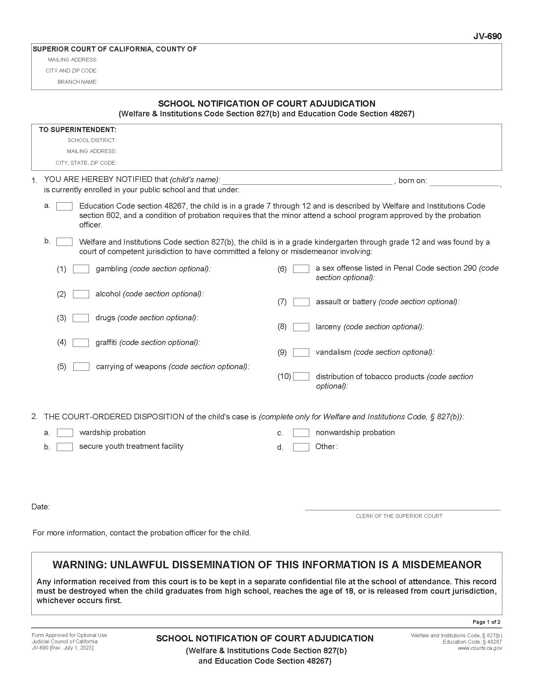School Notification Of Court Adjudication {JV-690} | Pdf Fpdf Docx | California