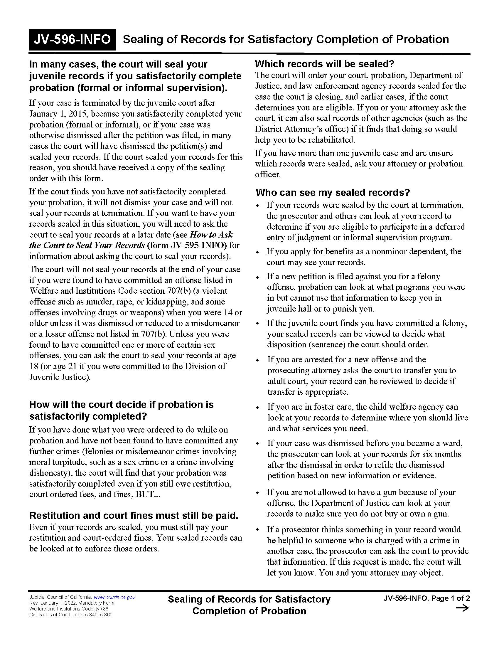 Sealing Of Records For Satisfactory Completion Of Probation {JV-596-INFO} | Pdf Fpdf Docx | California