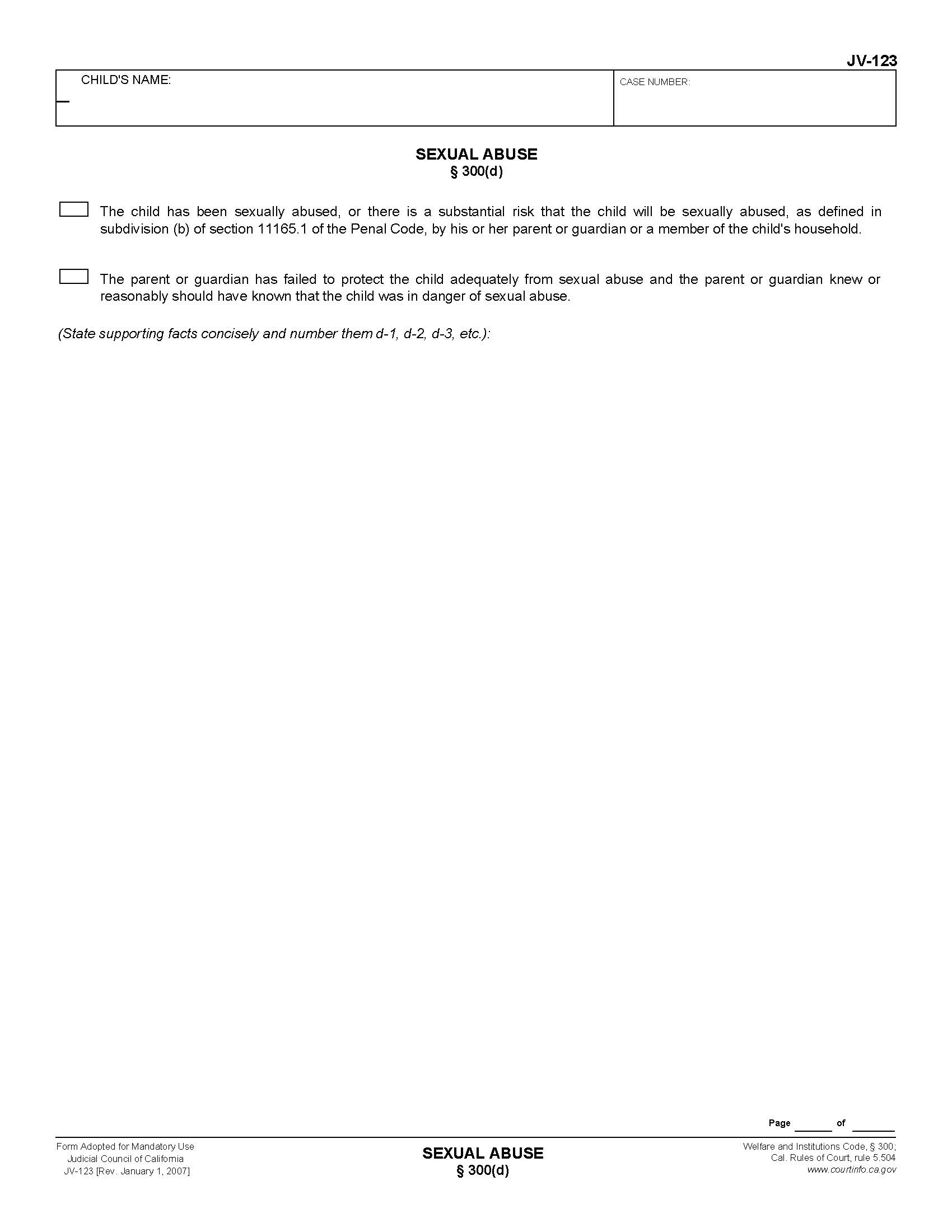 Sexual Abuse 300(d) {JV-123} | Pdf Fpdf Doc Docx | California