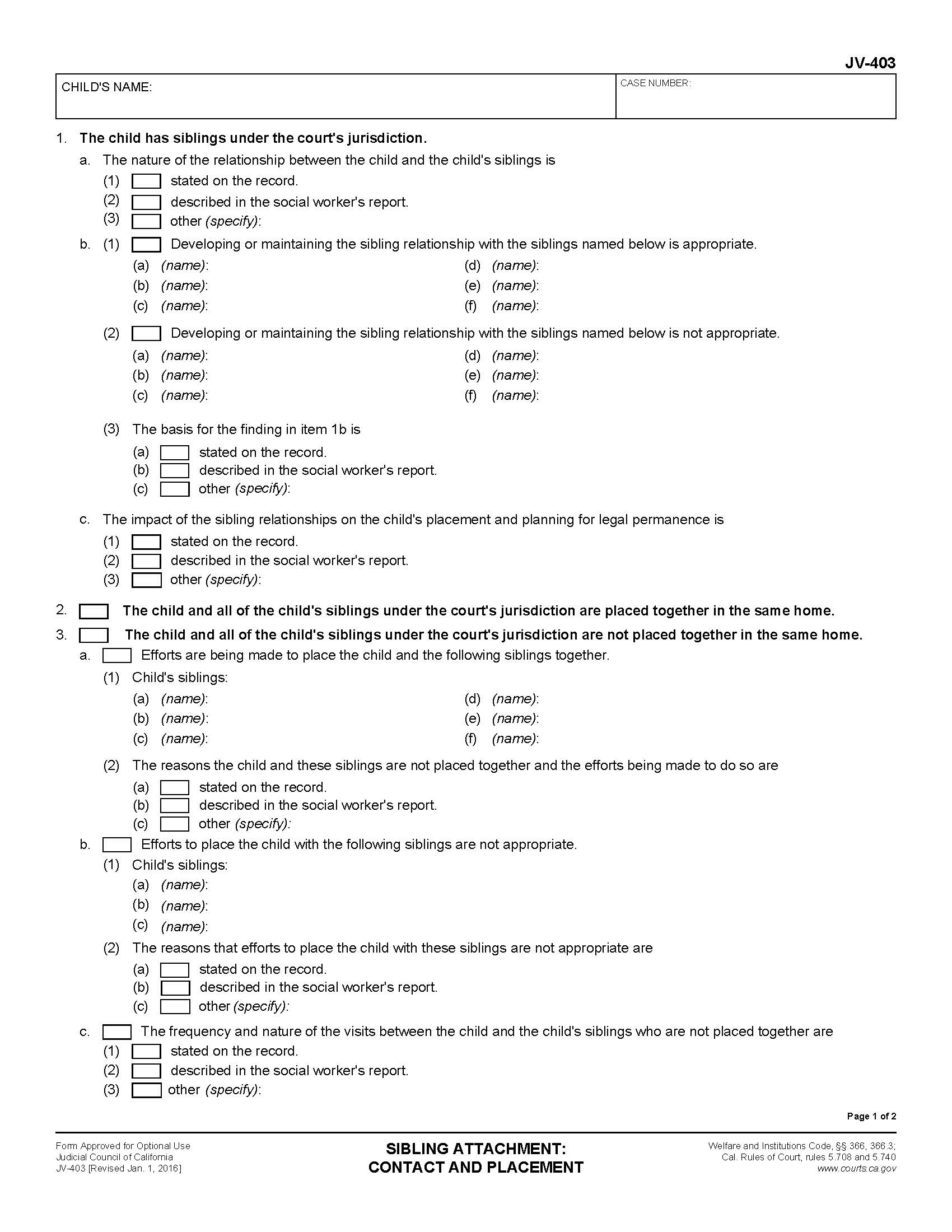 Sibling Attachment Contact And Placement {JV-403} | Pdf Fpdf Doc Docx | California