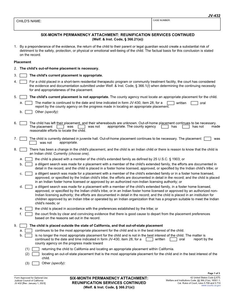 Six-Month Permanency Attachment-Reunification Services Continued {JV-432} | Pdf Fpdf Docx | California