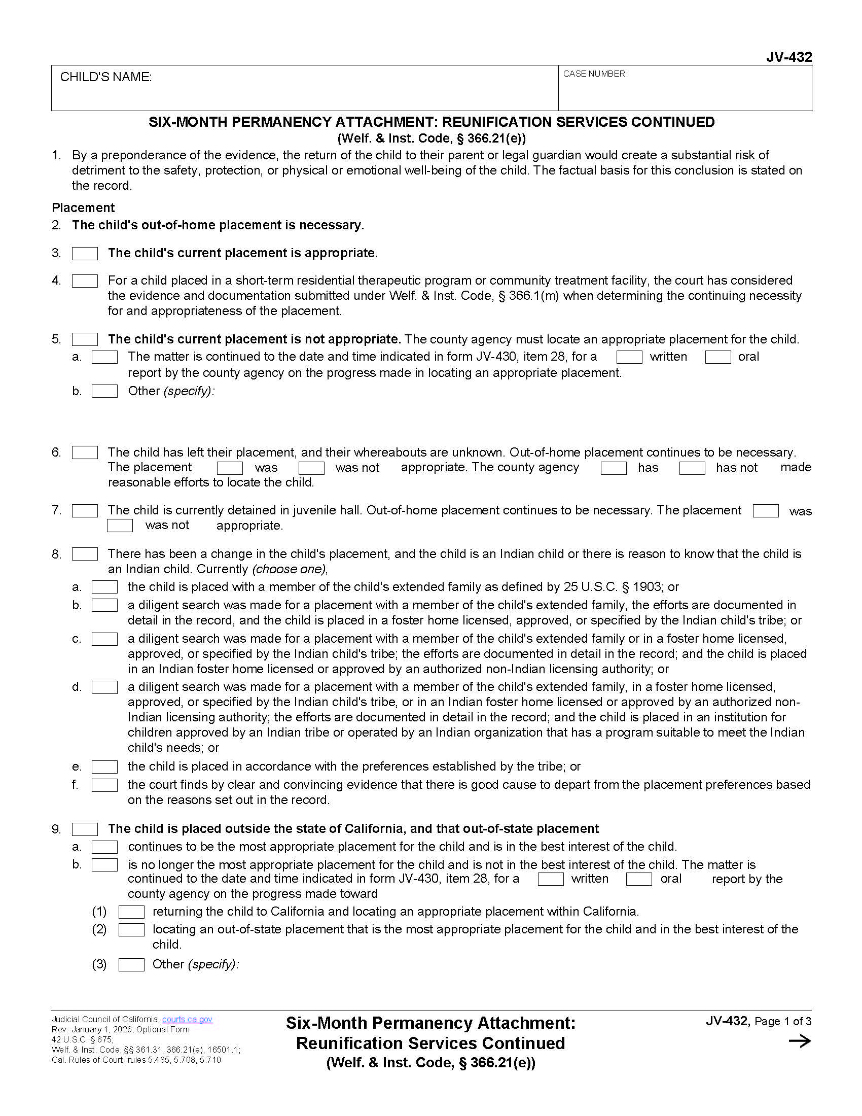 Six-Month Permanency Attachment-Reunification Services Continued {JV-432} | Pdf Fpdf Docx | California