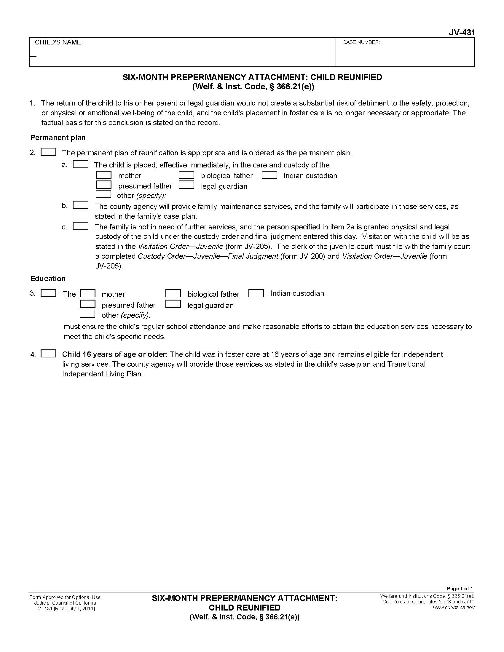 Six-Month Prepermanency Attachment Child Reunified {JV-431} | Pdf Fpdf Doc Docx | California