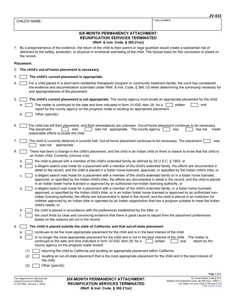 Six-Months Permanency Attachment-Reunification Services Terminated {JV-433} | Pdf Fpdf Docx | California