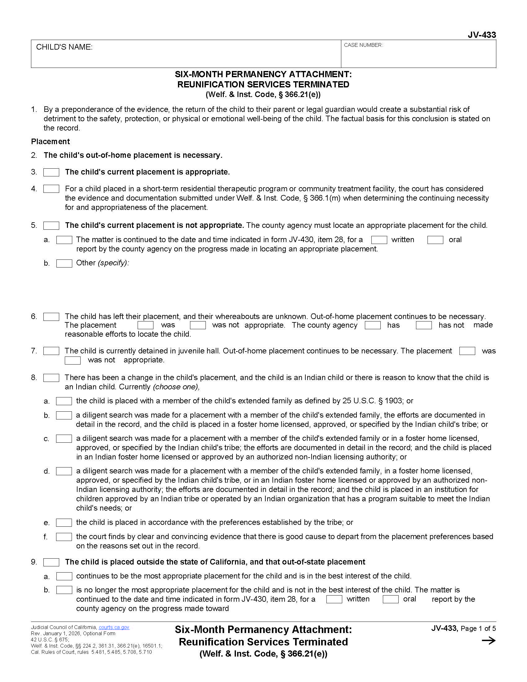 Six-Months Permanency Attachment-Reunification Services Terminated {JV-433} | Pdf Fpdf Docx | California