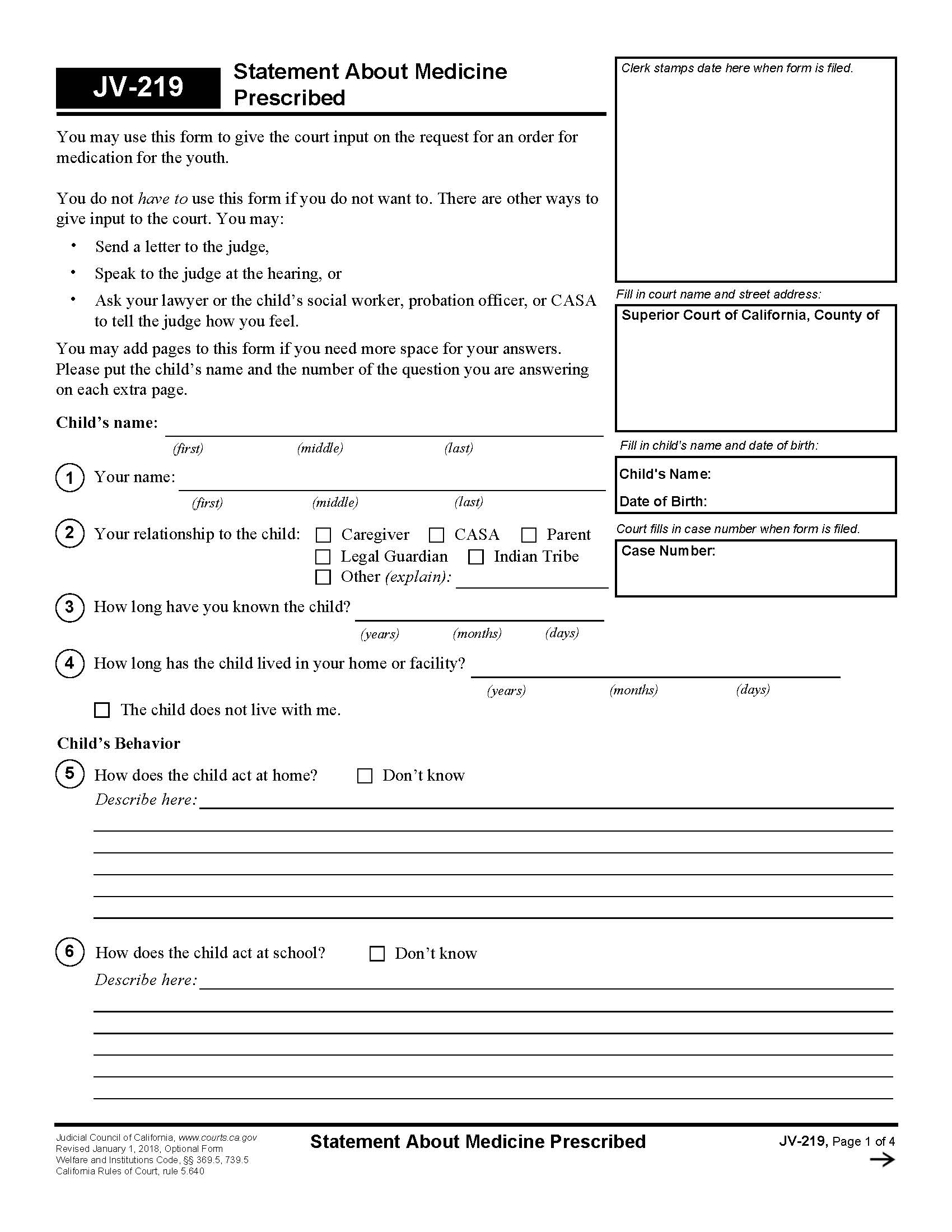 Statement About Medicine Prescribed {JV-219} | Pdf Fpdf Docx | California