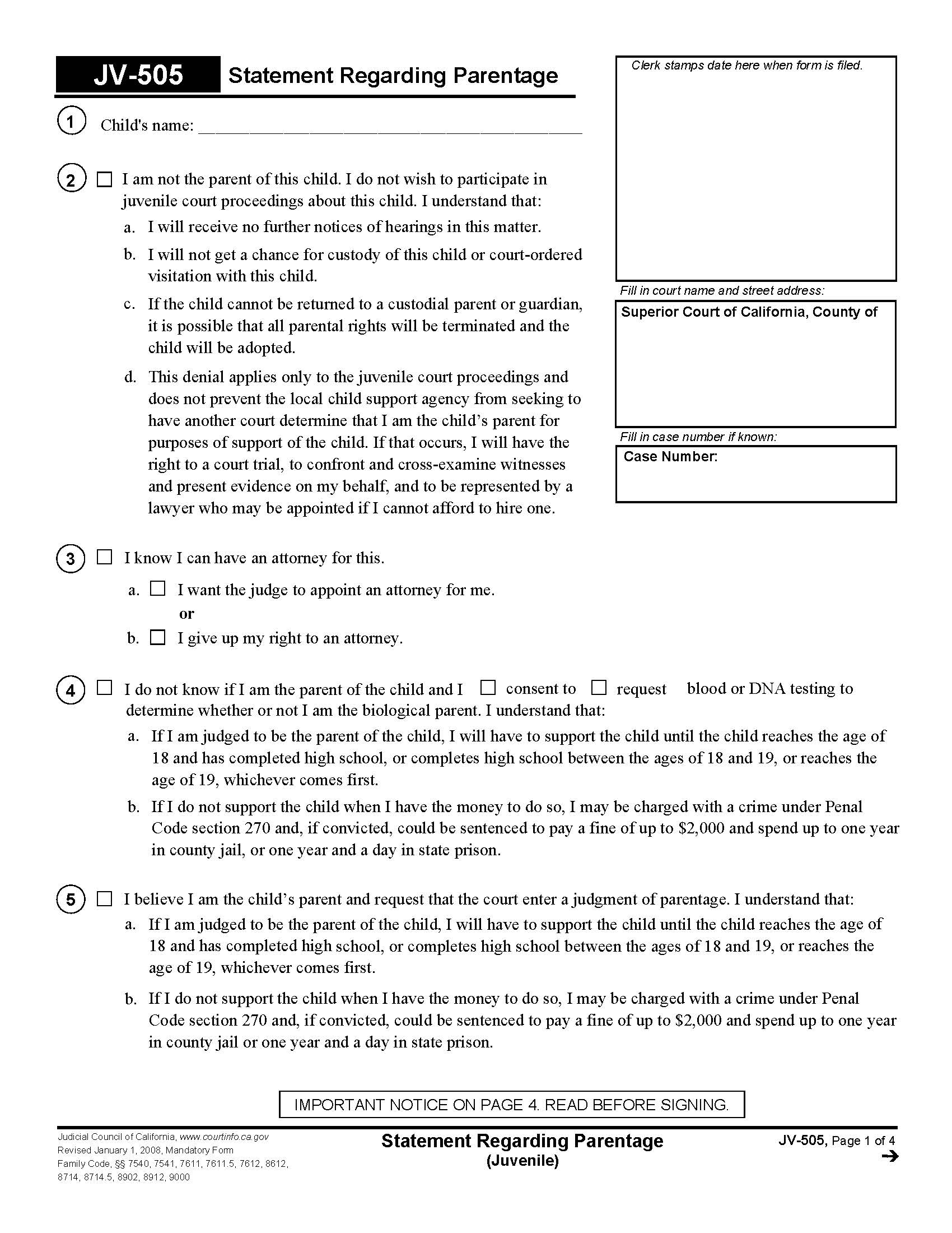Statement Regarding Parentage (Juvenile) {JV-505} | Pdf Fpdf Doc Docx | California