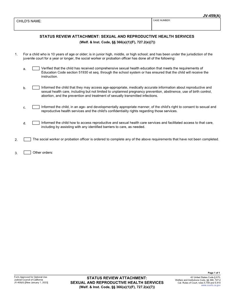 Status Review Attachment Sexual And Reproductive Health Services {JV-459(A)} | Pdf Fpdf Docx | California