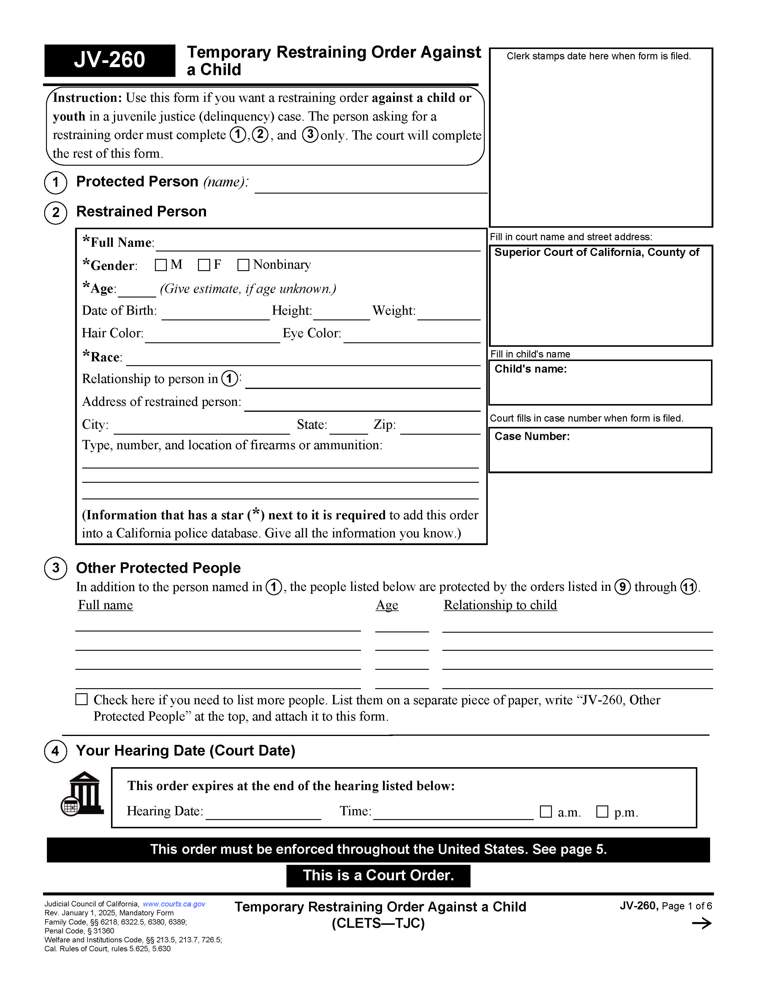 Temporary Restraining Order Against A Child (CLETS-TJC) {JV-260} | Pdf Fpdf Docx | California