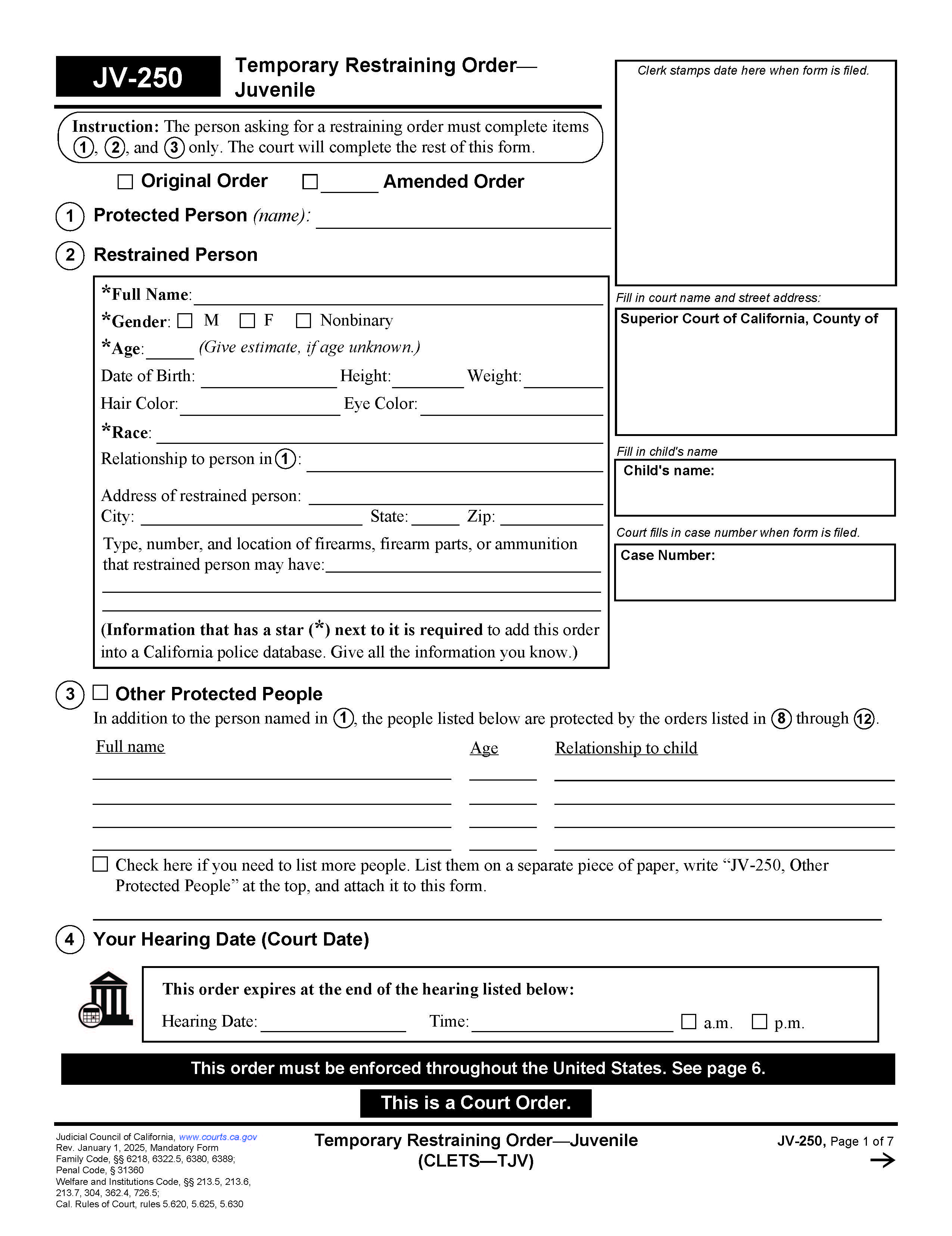 Temporary Restraining Order-Juvenile (CLETS-TJV) {JV-250} | Pdf Fpdf Docx | California